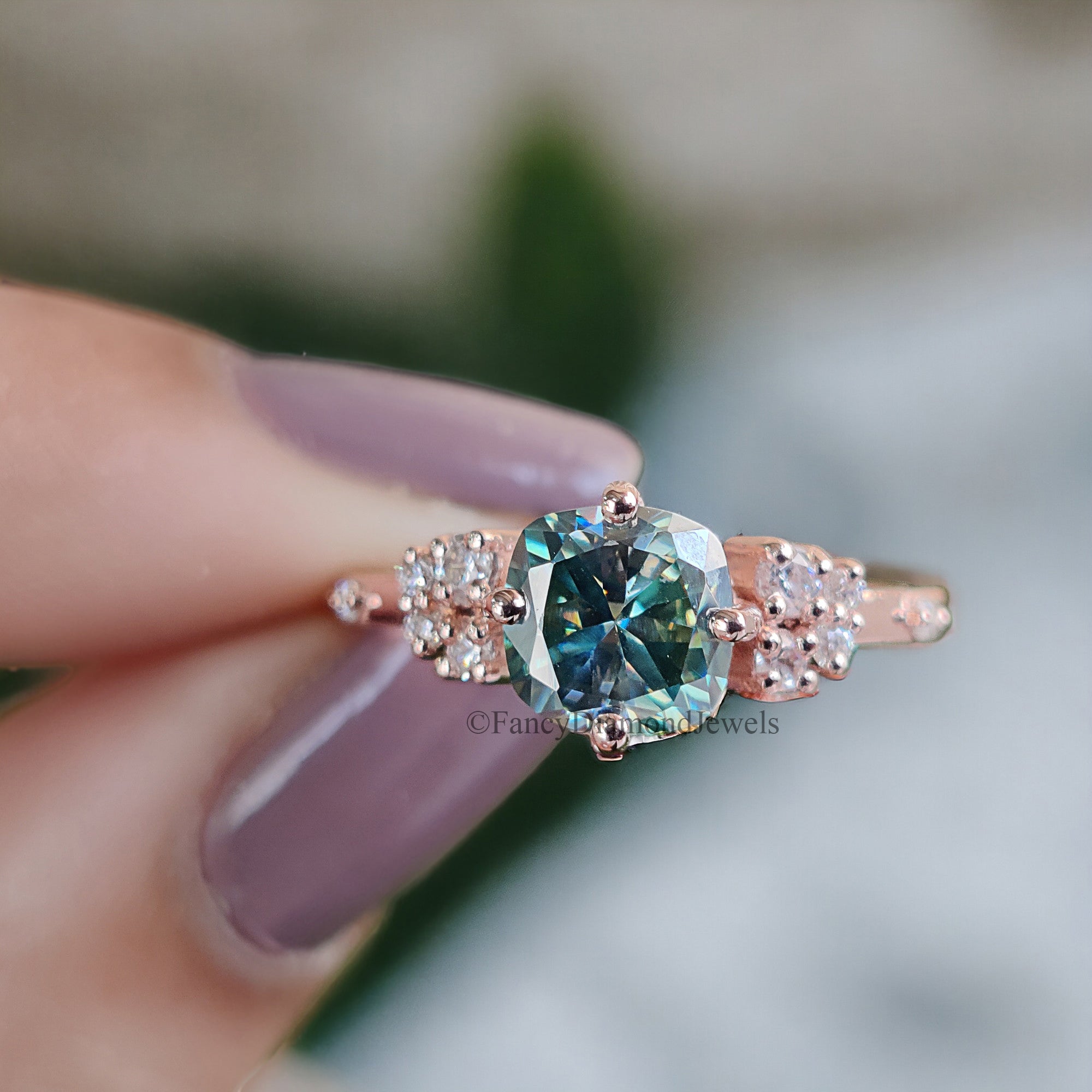 Muse Engagement Ring for Women 1.25 TW Cushion Fancy Cut Cyan Blue Moissanite Ring Hidden Halo Ring Wedding Ring for Her Comfort Fit FD08