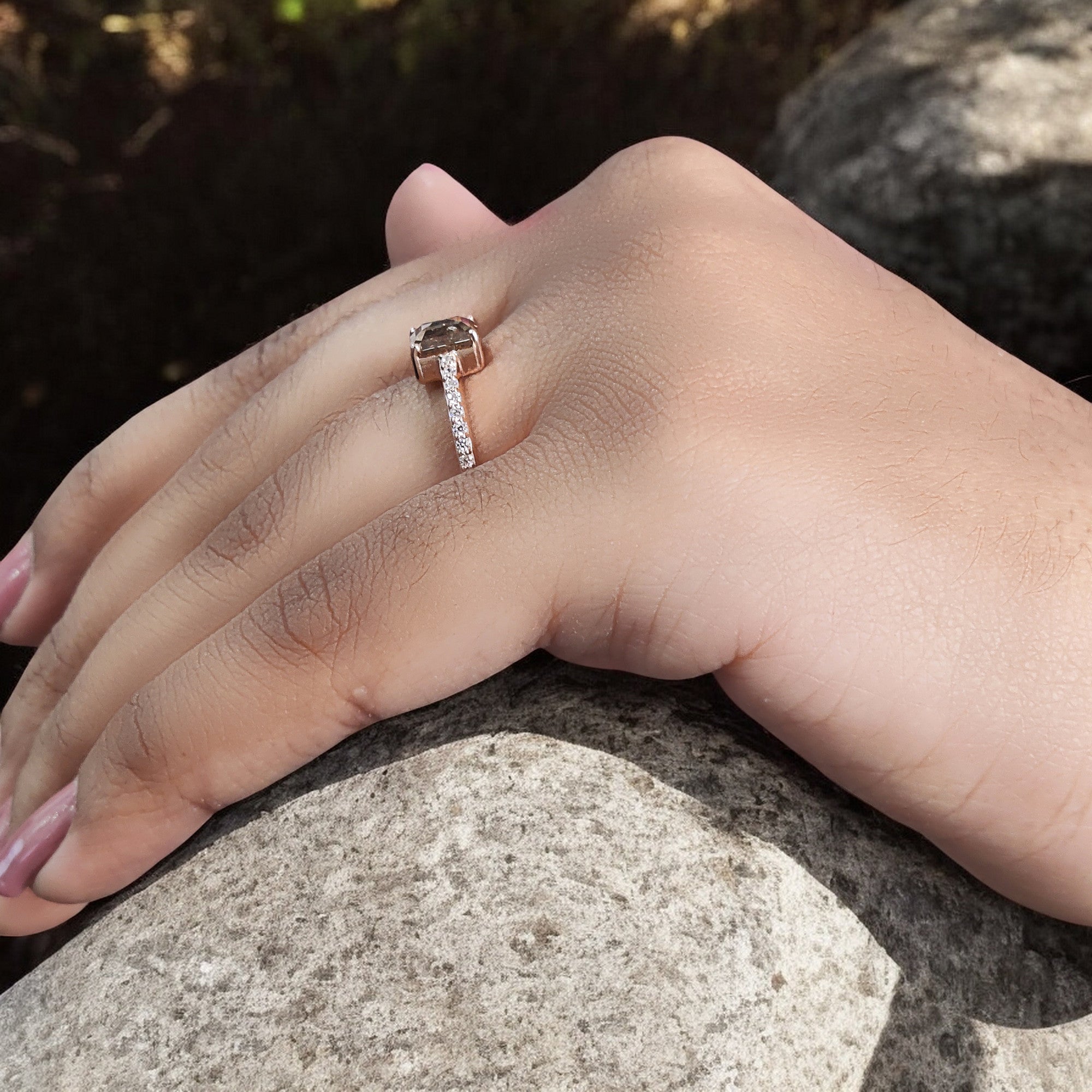 Emerald Cut Brown Color Diamond Ring 0.87 Ct 6.05 MM Emerald Shape Diamond Ring 14K Rose Gold Silver Engagement Ring Gift For Her QL060