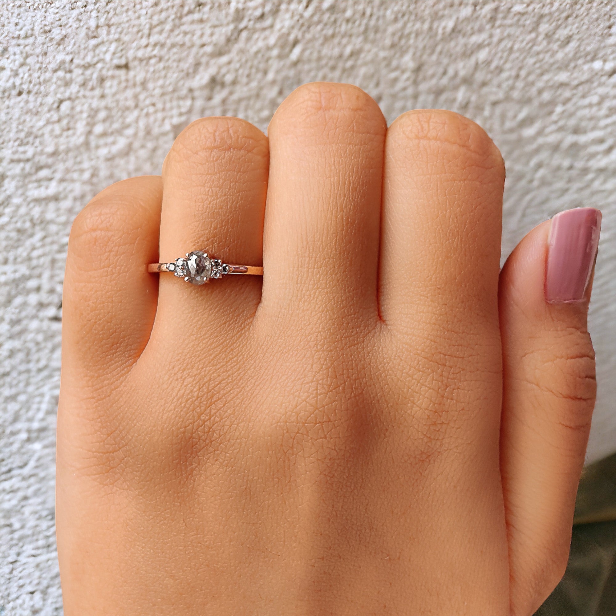 0.46 Ct Natural Oval Shape Salt And Pepper Diamond Ring 5.10 MM Oval Shape Diamond Ring 14K Solid Rose Gold Silver Engagement Ring QL383