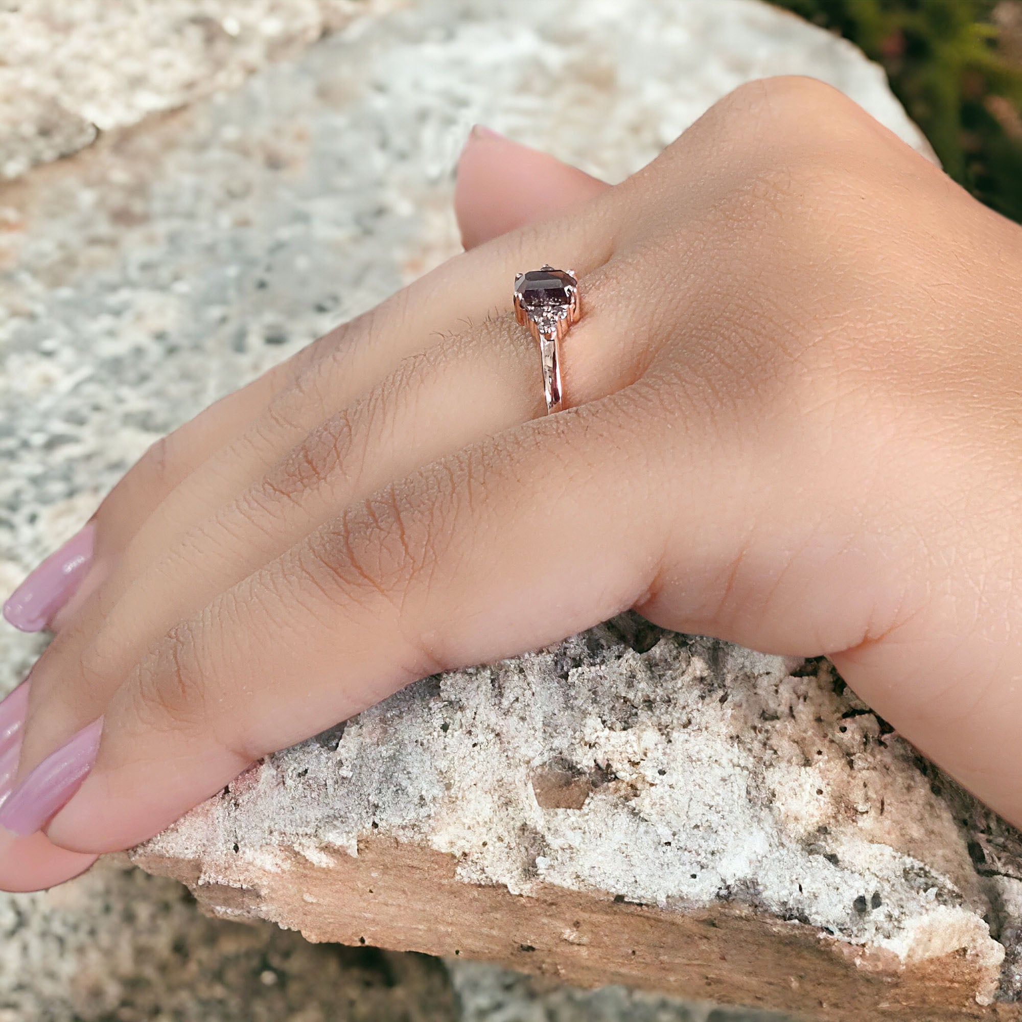 0.49 Ct Natural Emerald Shape Salt And Pepper Diamond Ring 4.90 MM Emerald Diamond Ring 14K Solid Rose Gold Silver Engagement Ring QL5359