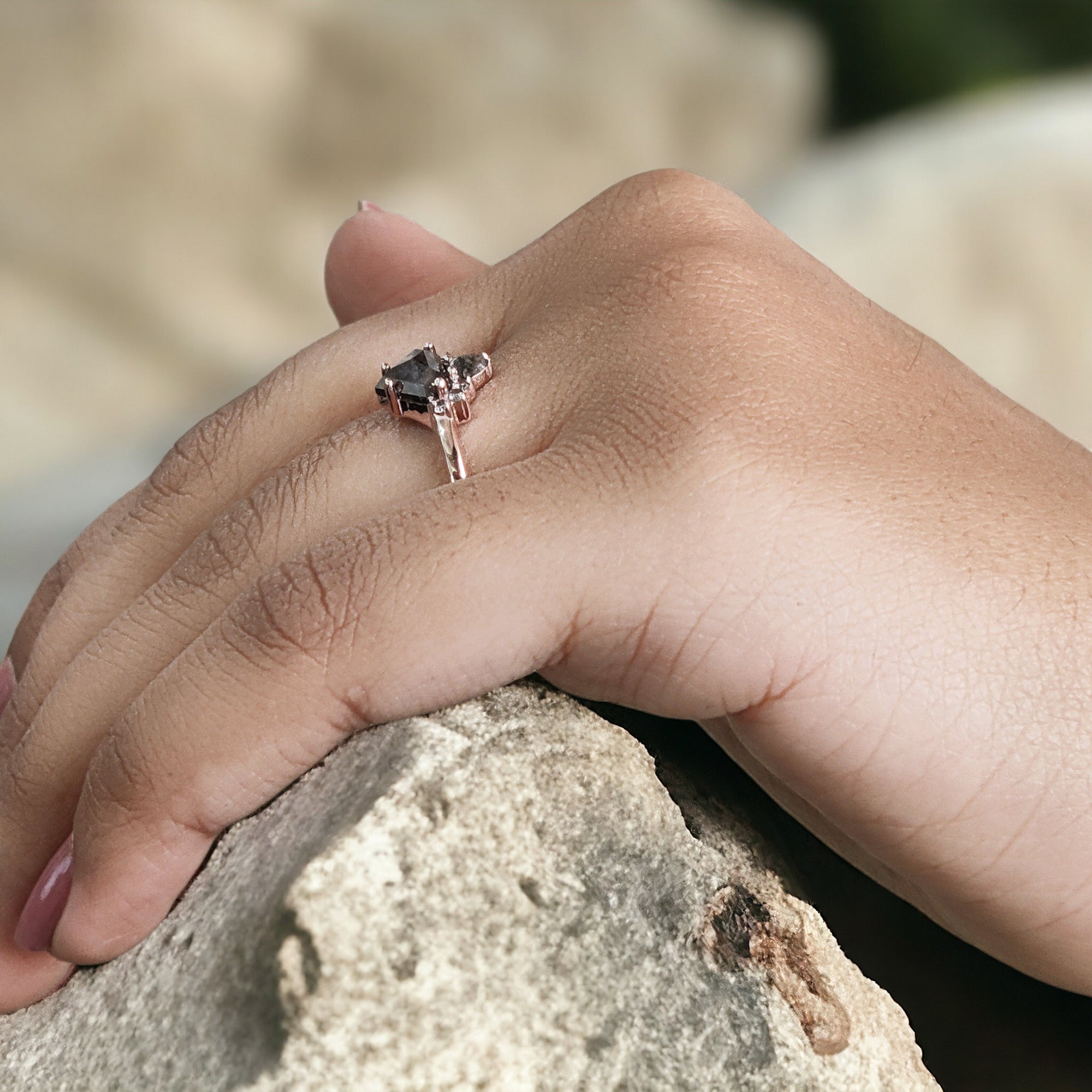 Shield Salt And Pepper Diamond Ring 1.12 Ct 6.05 MM Shield Cut Diamond Ring 14K Solid Rose Gold Silver Engagement Ring Gift For Her QN1274