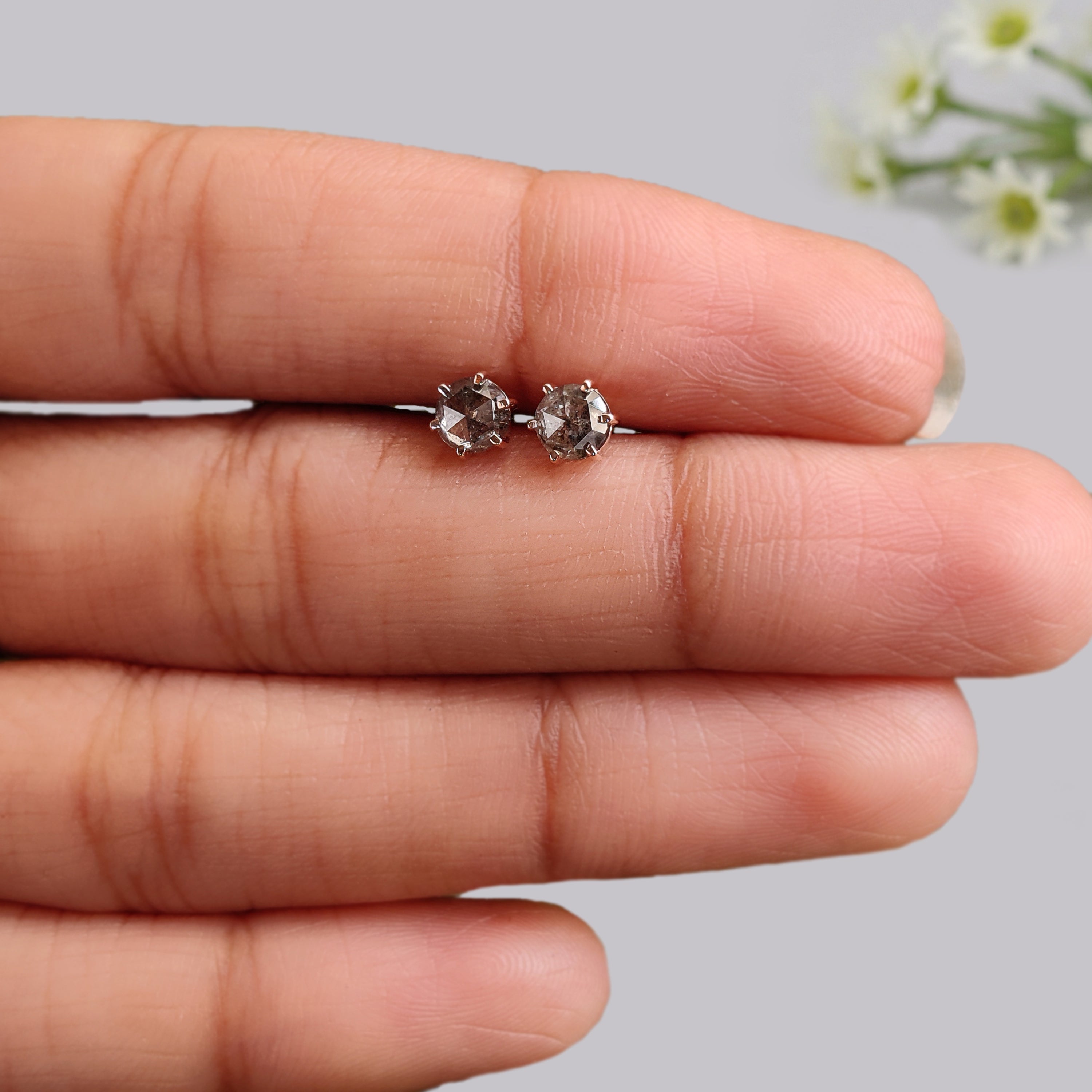 Round Rose Cut Salt And Pepper Diamond Earring 0.60 Ct 4.20 MM Round Diamond Earring 14K Solid Rose Gold Silver Earring Gift For Her KDN9314