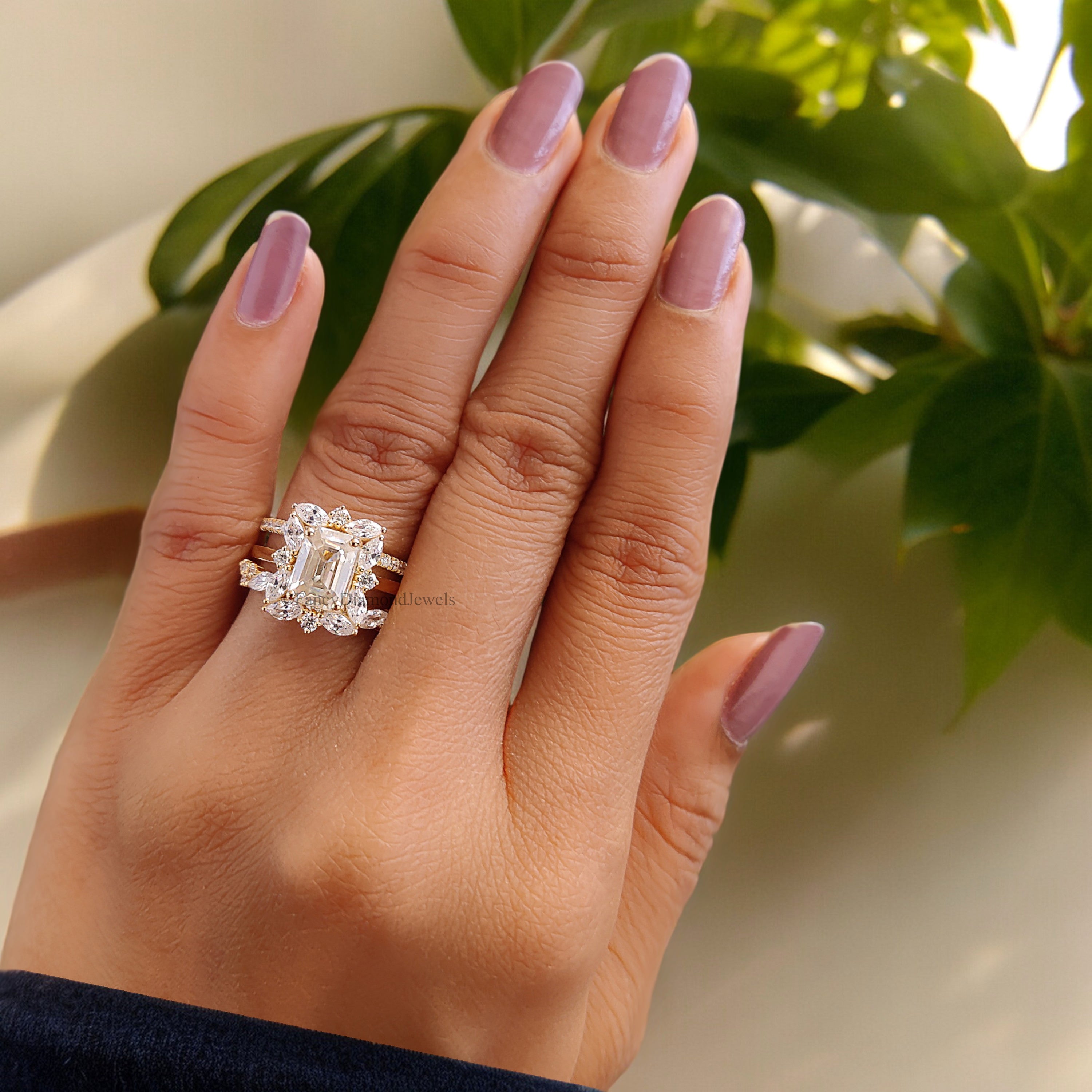 3Pcs Emerald cut Moissanite engagement ring set yellow gold Unique Art deco Cluster Wedding ring vintage Bridal Anniversary ring set FD187