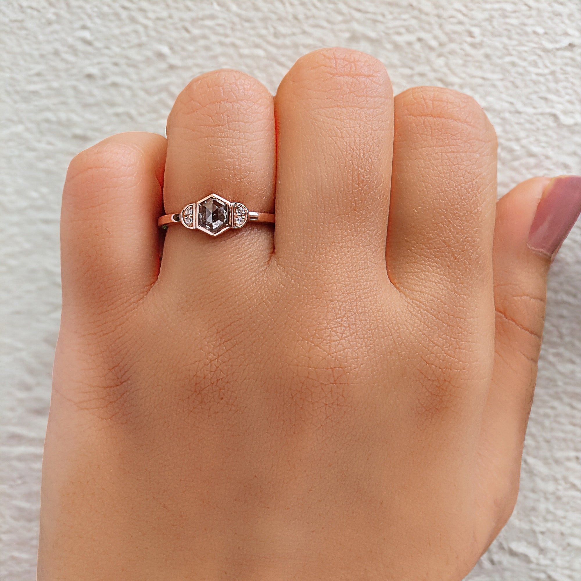 Hexagon Cut Salt And Pepper Diamond Ring 0.58 Ct 5.70 MM Hexagon Diamond Ring 14K Solid Rose Gold Silver Engagement Ring Gift For Her QN1564