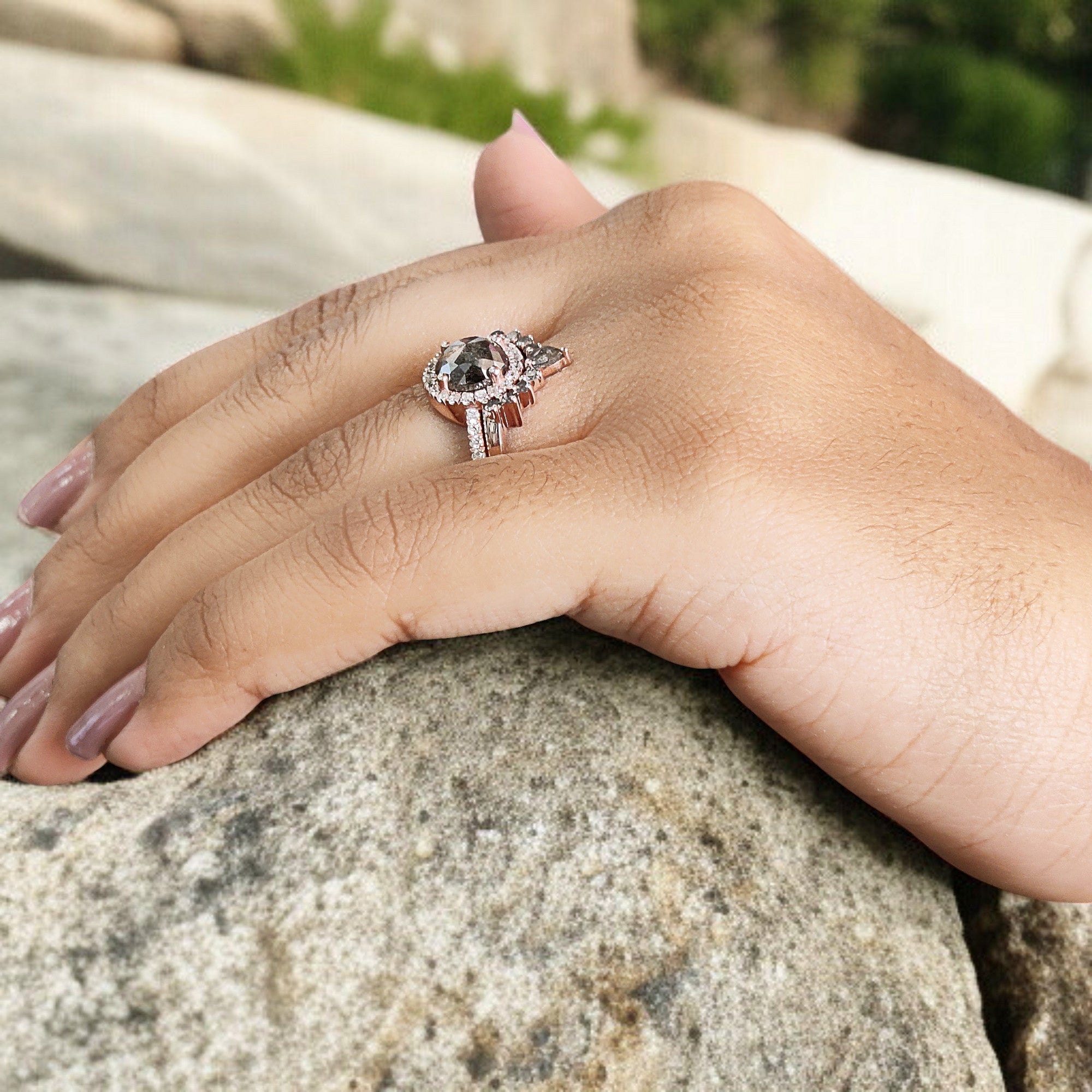 Round Rose Cut Salt And Pepper Diamond Ring 1.69 Ct 7.36 MM Round Diamond Ring 14K Rose Gold Silver Engagement Ring Gift For Her QL1949