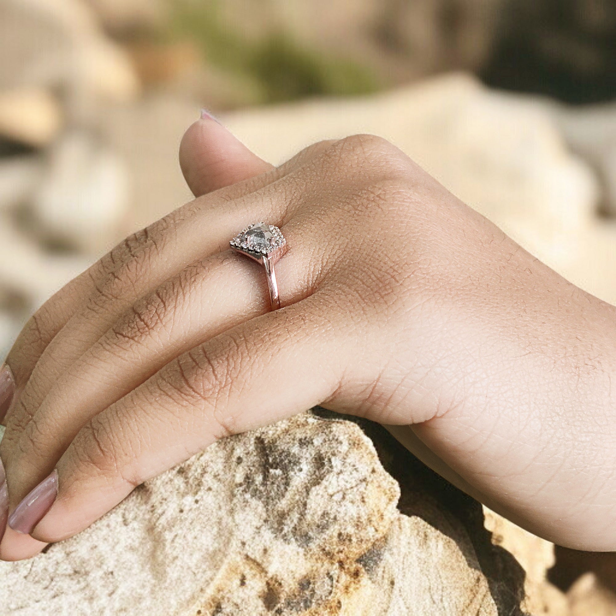 Shield Cut Salt And Pepper Diamond Ring 0.86 Ct 5.55 MM Shield Diamond Ring 14K Solid Rose Gold Silver Engagement Ring Gift For Her QN962