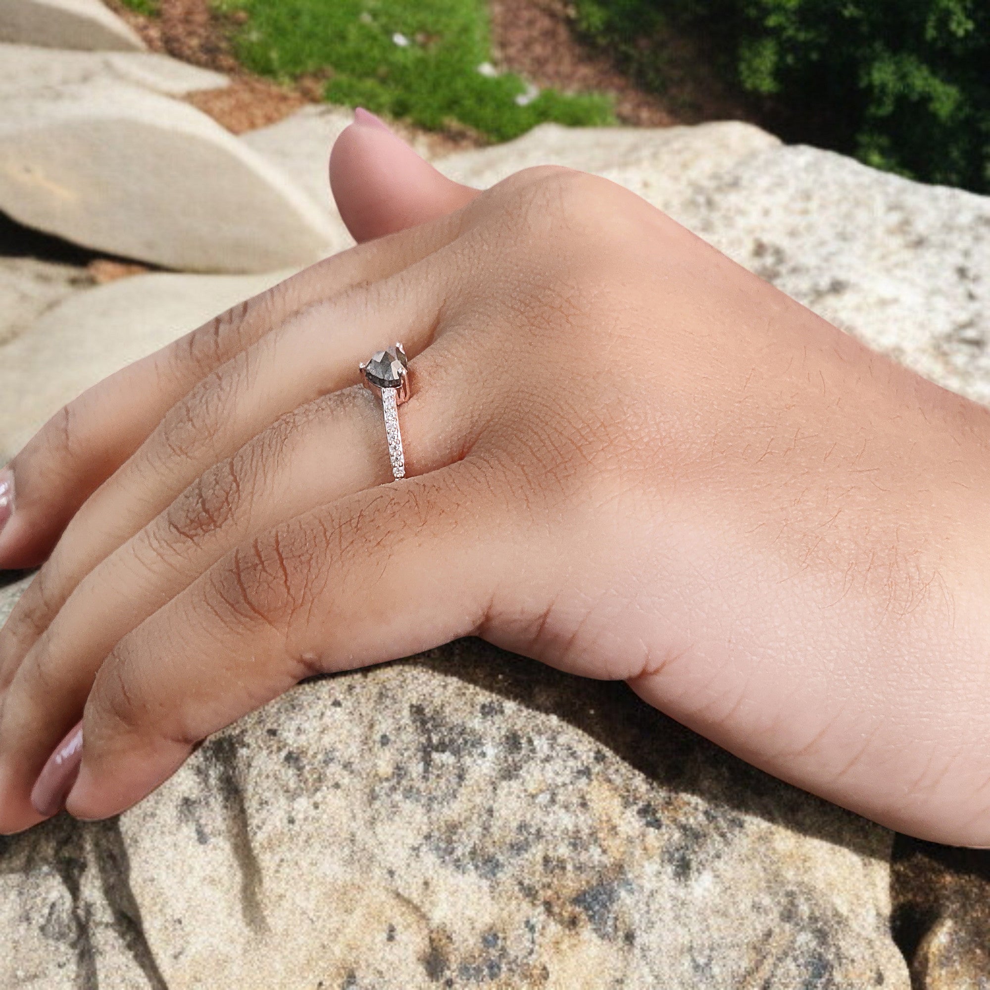 Heart Salt And Pepper Diamond Ring 0.60 Ct 4.46 MM Heart Shape Diamond Ring 14K Solid Rose Gold Silver Engagement Ring Gift For Her QL6552