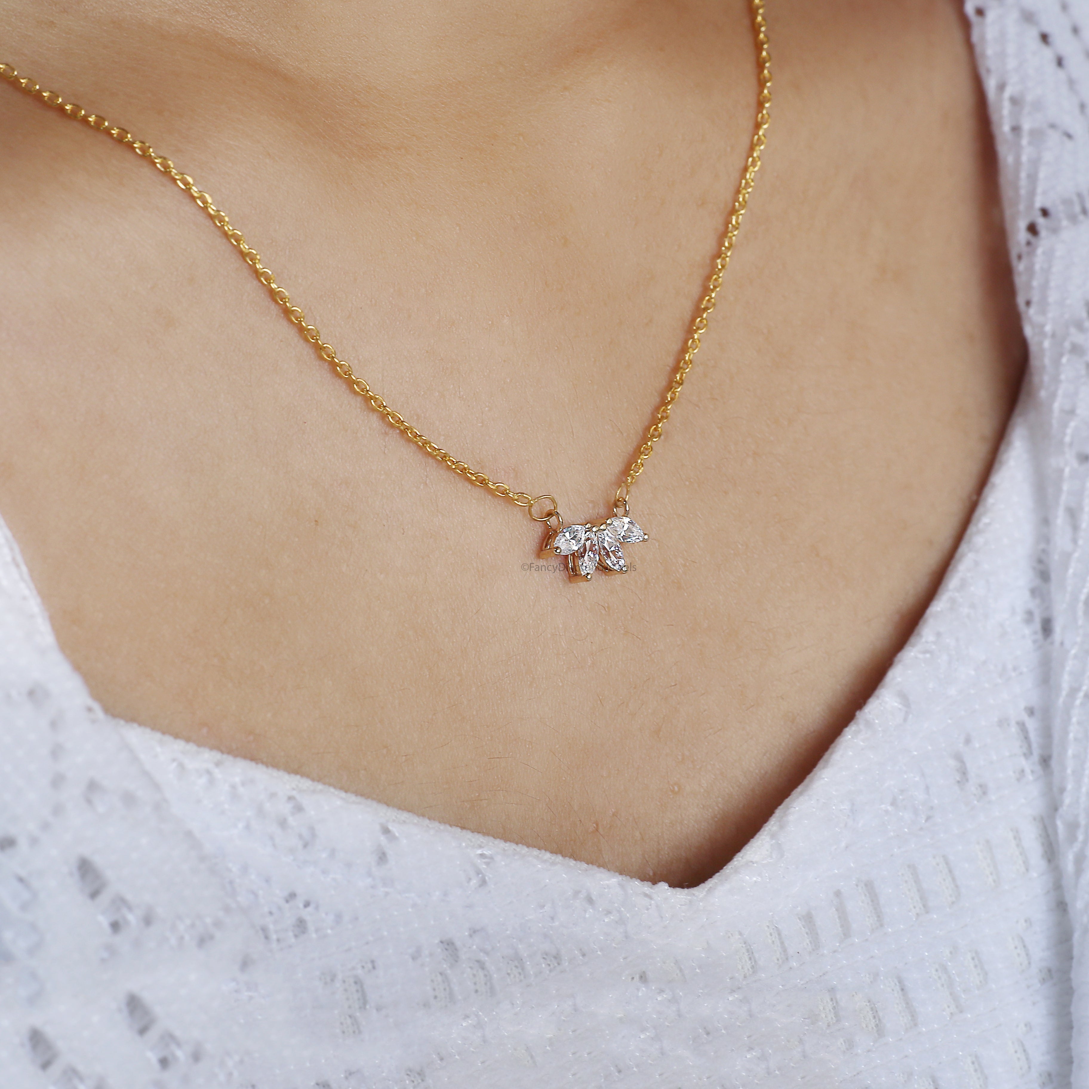 Marquise Cut CZ Diamond Flower Necklace Yellow Silver handmade jewelry Necklace Marquise Shape prong basket set Necklace With Chain FD481