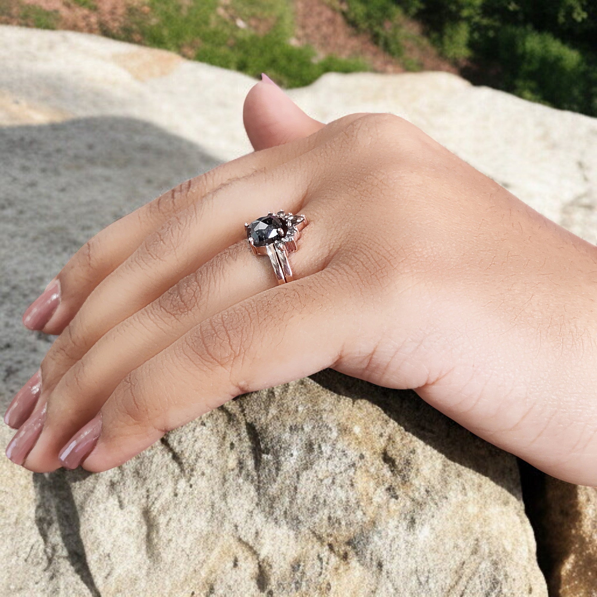 Cushion Cut Salt And Pepper Diamond Ring 1.74 Ct 6.95 MM Cushion Diamond Ring 14K Solid Rose Gold Silver Engagement Ring Gift For Her QL461