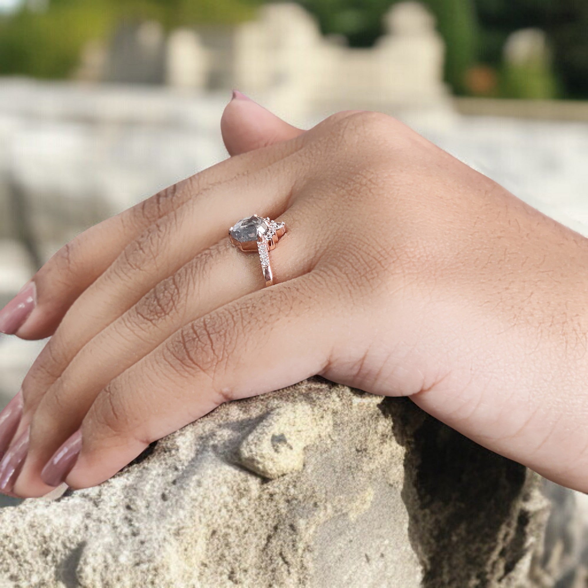 Shield Cut Salt And Pepper Diamond Ring 1.12 Ct 7.08 MM Shield Diamond Ring 14K Solid Rose Gold Silver Engagement Ring Gift For Her QL2570