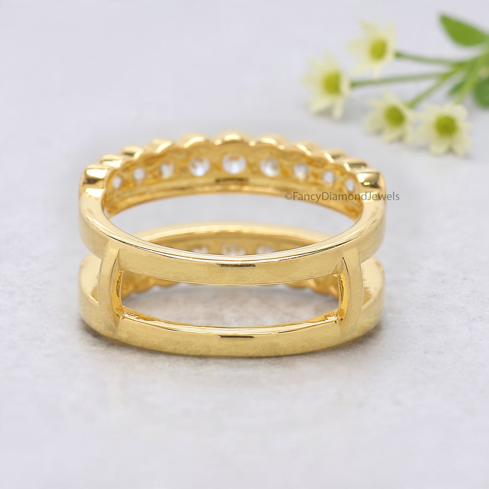 Round Cut Diamond Wedding Band Yellow Gold Unique Half Eternity Wedding Band Vintage Double Stacking Matching Bridal Gift For Her FD527