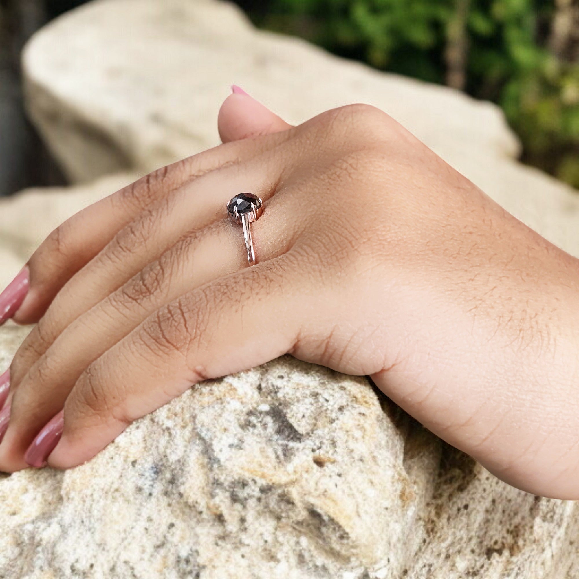 Cushion Cut Salt And Pepper Diamond Ring 1.20 Ct 6.30 MM Cushion Diamond Ring 14K Solid Rose Gold Silver Engagement Ring Gift For Her QN918