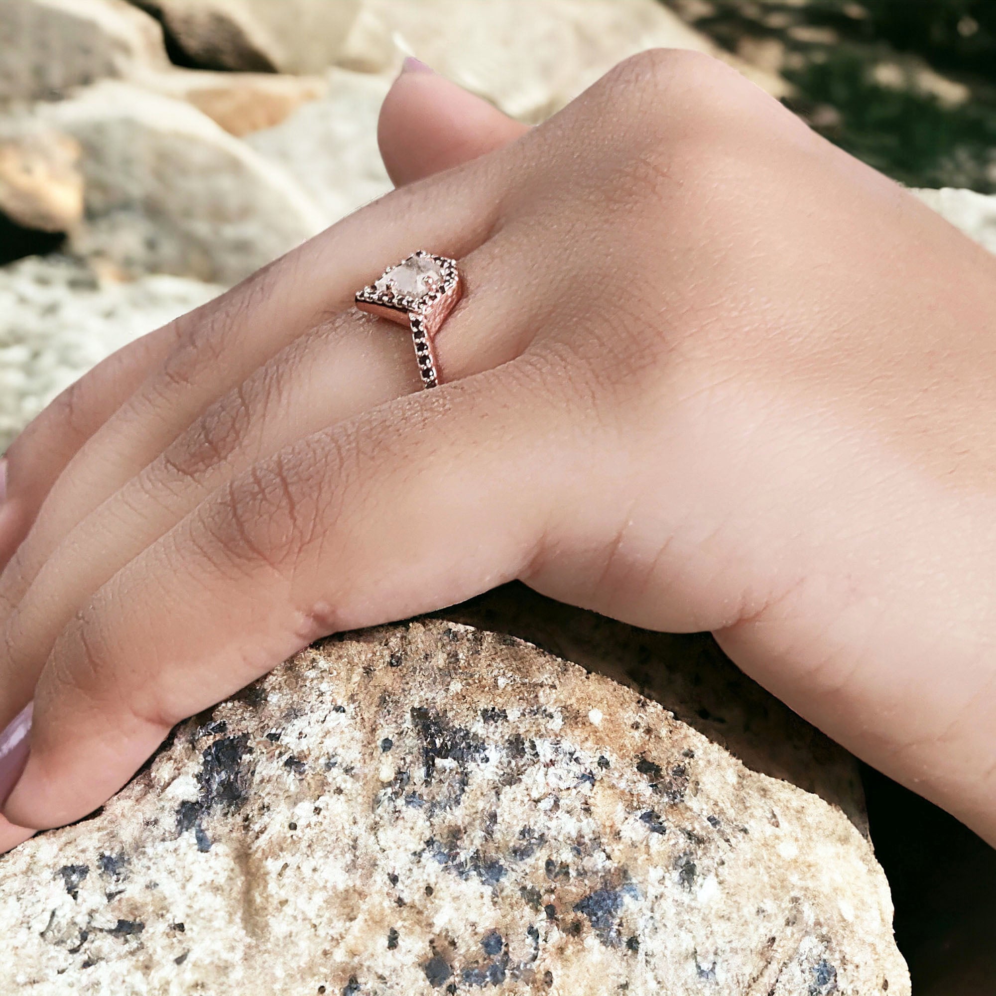 Shield Cut Salt And Pepper Diamond Ring 0.47 Ct 5.40 MM Shield Diamond Ring 14K Solid Rose Gold Silver Engagement Ring Gift For Her QL9683