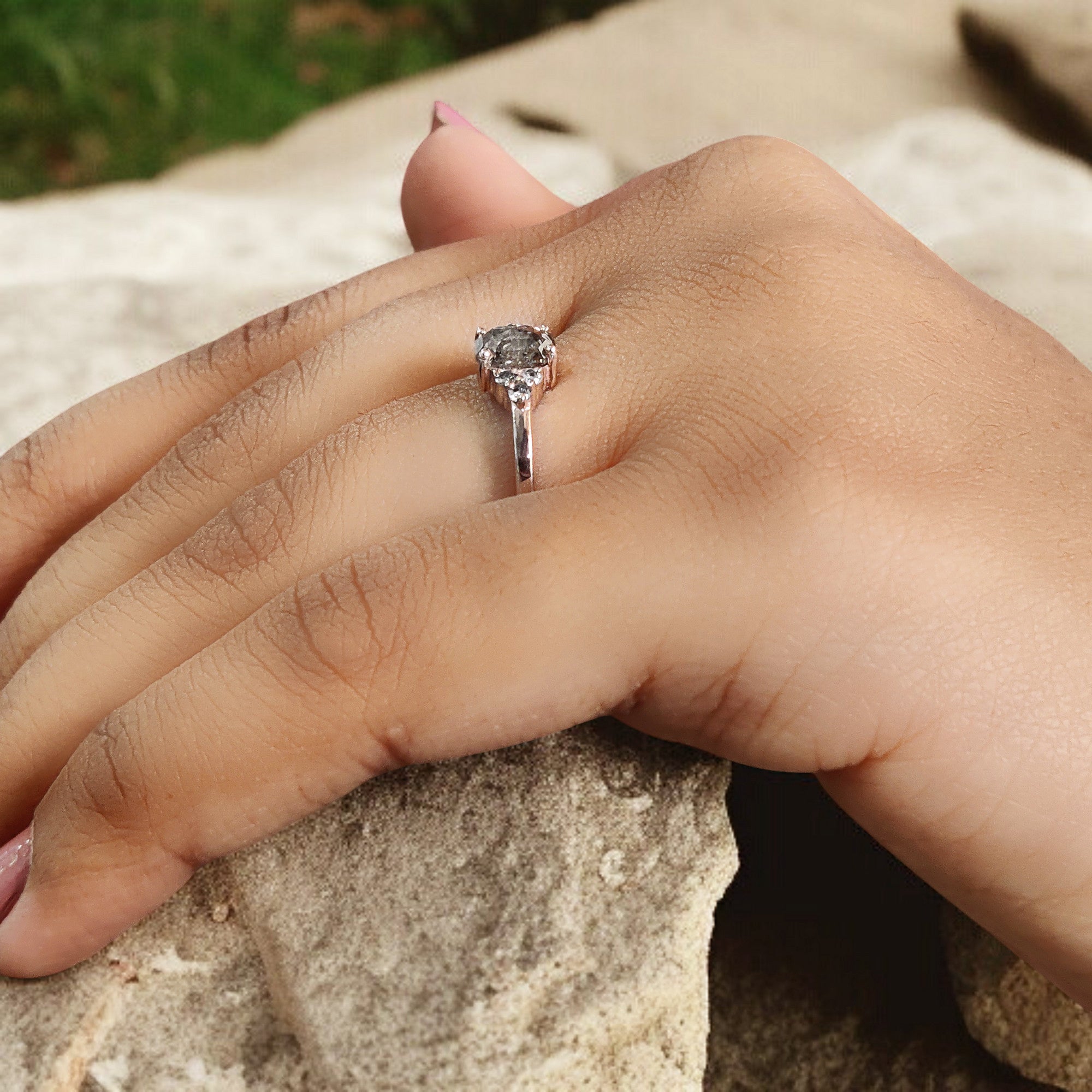 0.75 Ct Natural Emerald Cut Salt And Pepper Diamond Ring 5.95 MM Emerald Diamond Ring 14K Solid Rose Gold Silver Engagement Ring QL9987