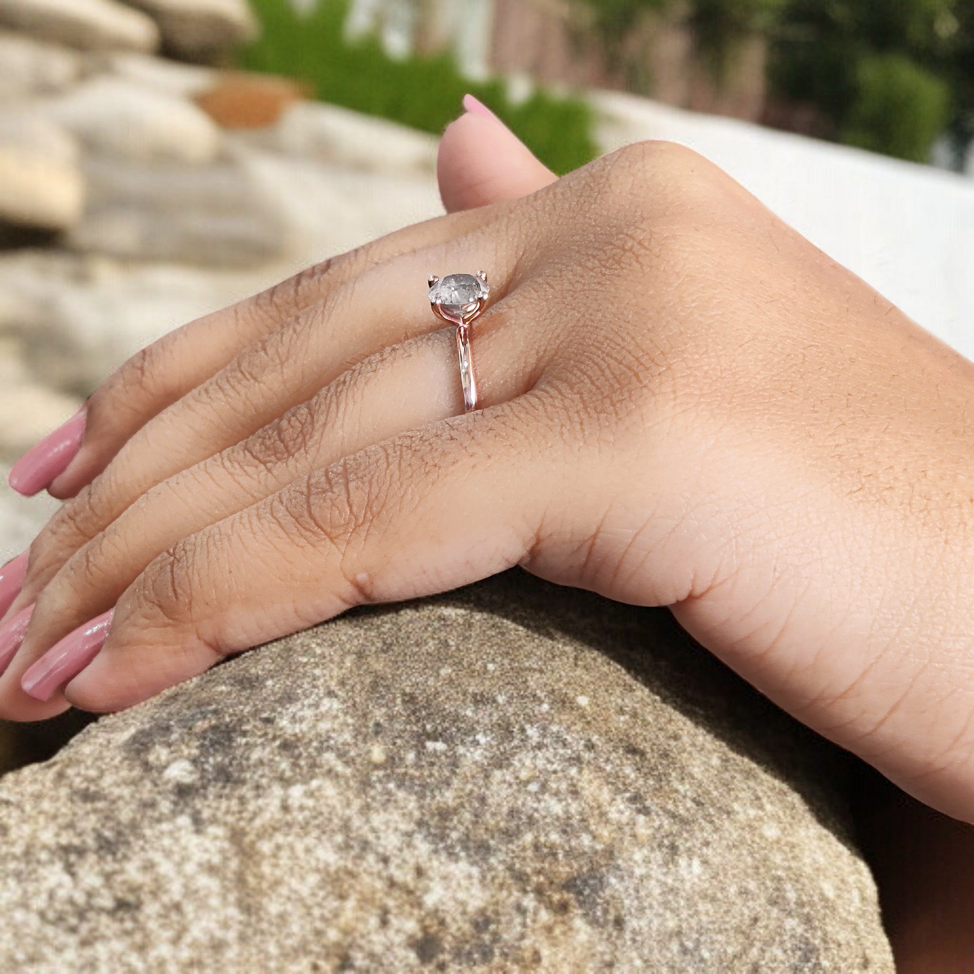 Round Cut Salt And Pepper Diamond Ring 0.98 Ct 6.40 MM Round Diamond Ring 14K Solid Rose Gold Silver Engagement Ring Gift For Her QL2083