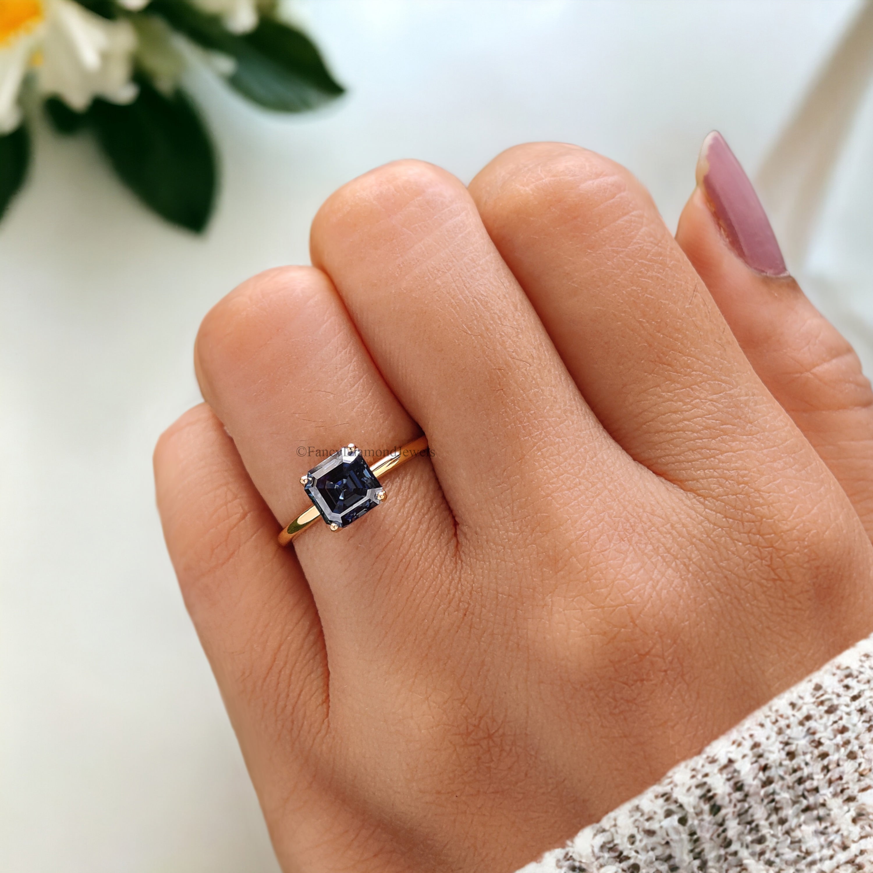 Amazing 1.20 CT Royal Blue Asscher Moissanite Solitaire Engagement Ring Dainty Solid Yellow Gold Wedding Ring Anniversary Gift for Her FD167