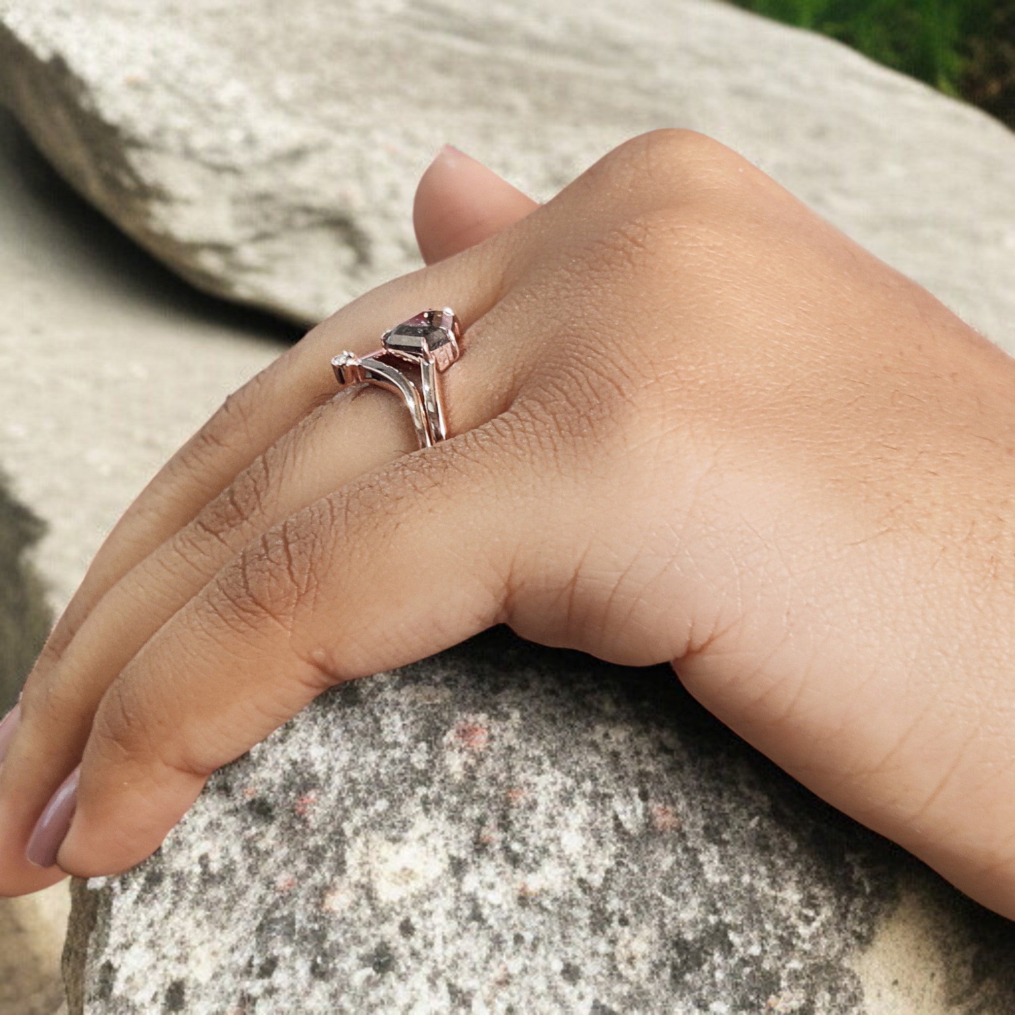 Shield Cut Salt And Pepper Diamond Ring 0.82 Ct 9.15 MM Shield Diamond Ring 14K Solid Rose Gold Silver Engagement Ring Gift For Her QN9450