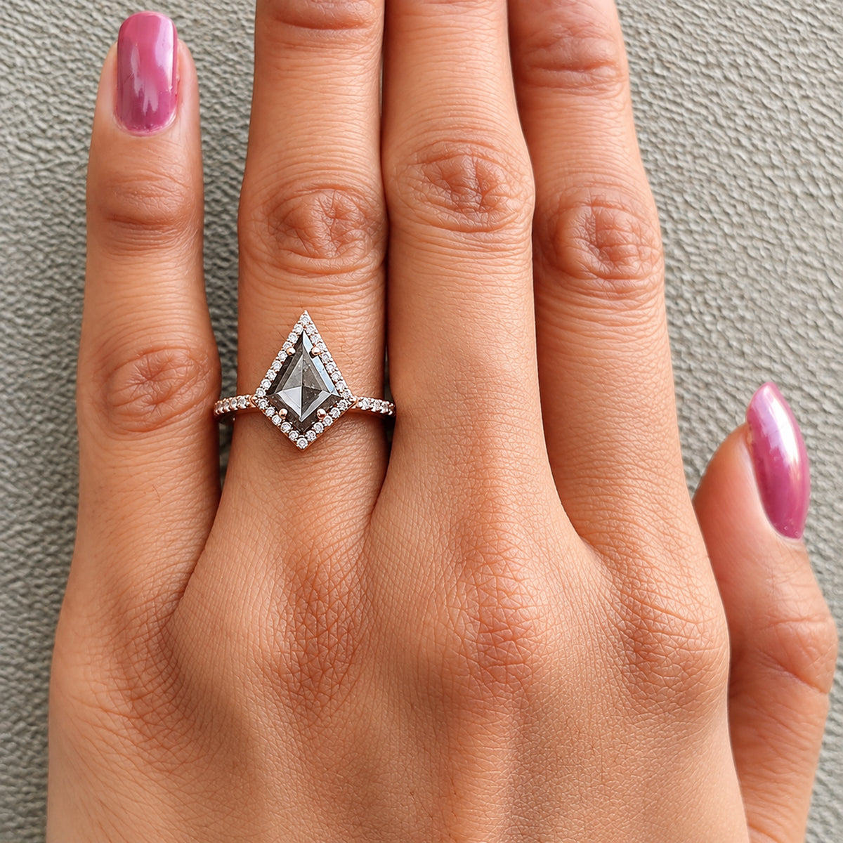 Kite Shape Salt and Pepper Diamond Engagement Ring, 14K Rose Gold Ring, Unique Geometric Diamond Ring, Minimalist Fine Jewelry Gift KDL3408