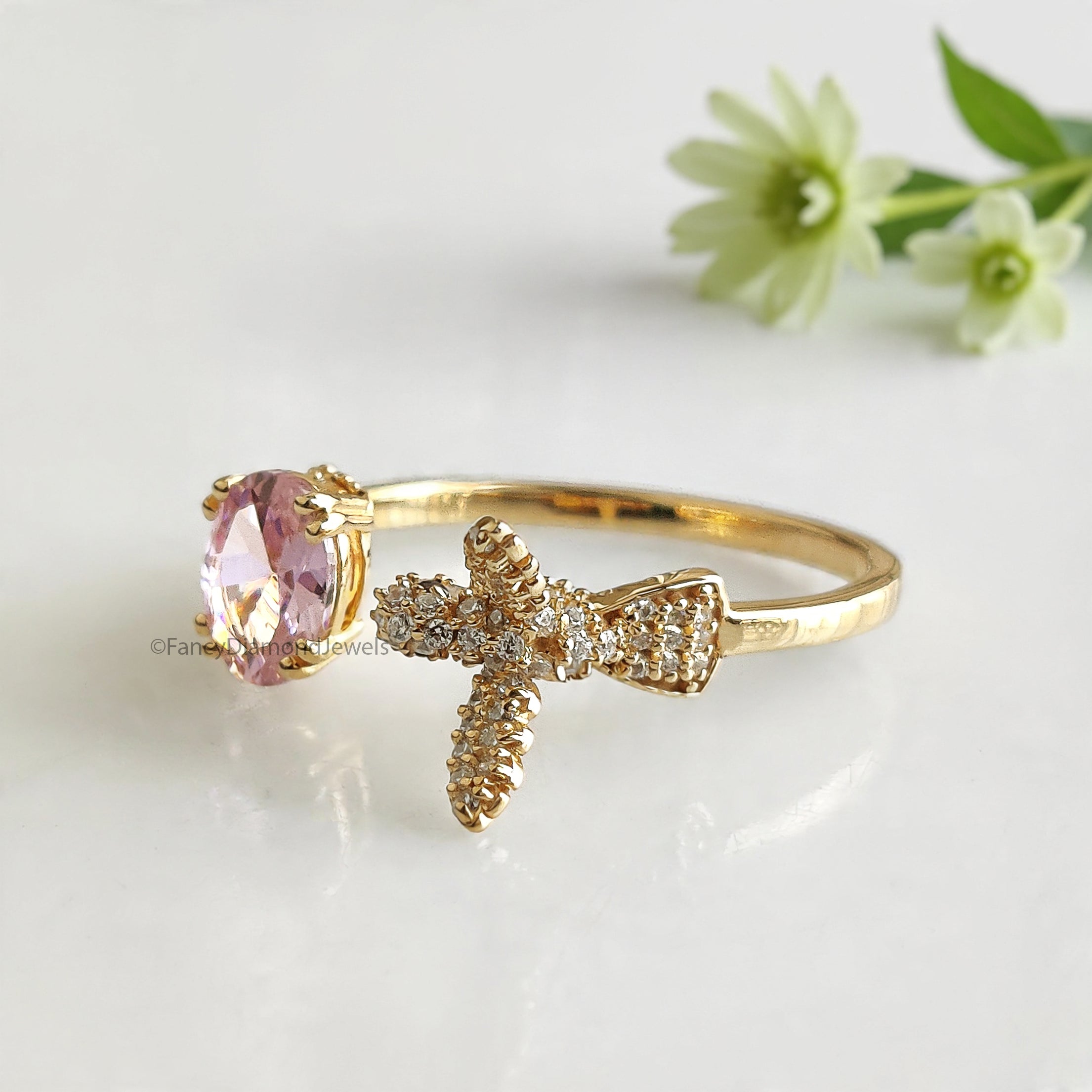 Oval Diamond Bird Ring Simulated Diamond Engagement Ring Yellow Plated Ring Anniversary Ring Simulant Pink Oval ring Gift For Her FD532