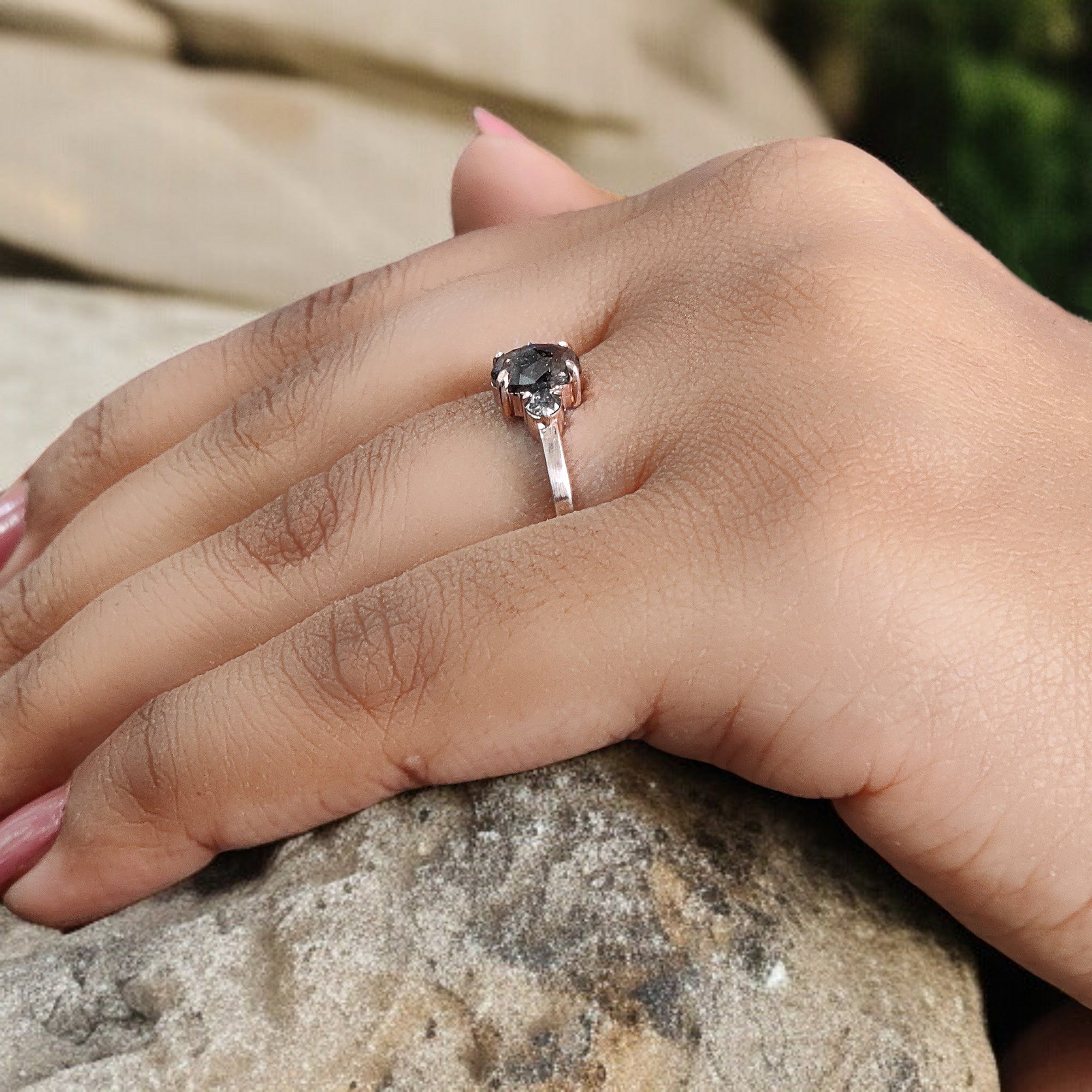 Oval Cut Salt And Pepper Diamond Ring 0.95 Ct 6.80 MM Oval Diamond Ring 14K Solid Rose Gold Silver Oval Engagement Ring Gift For Her QL1544