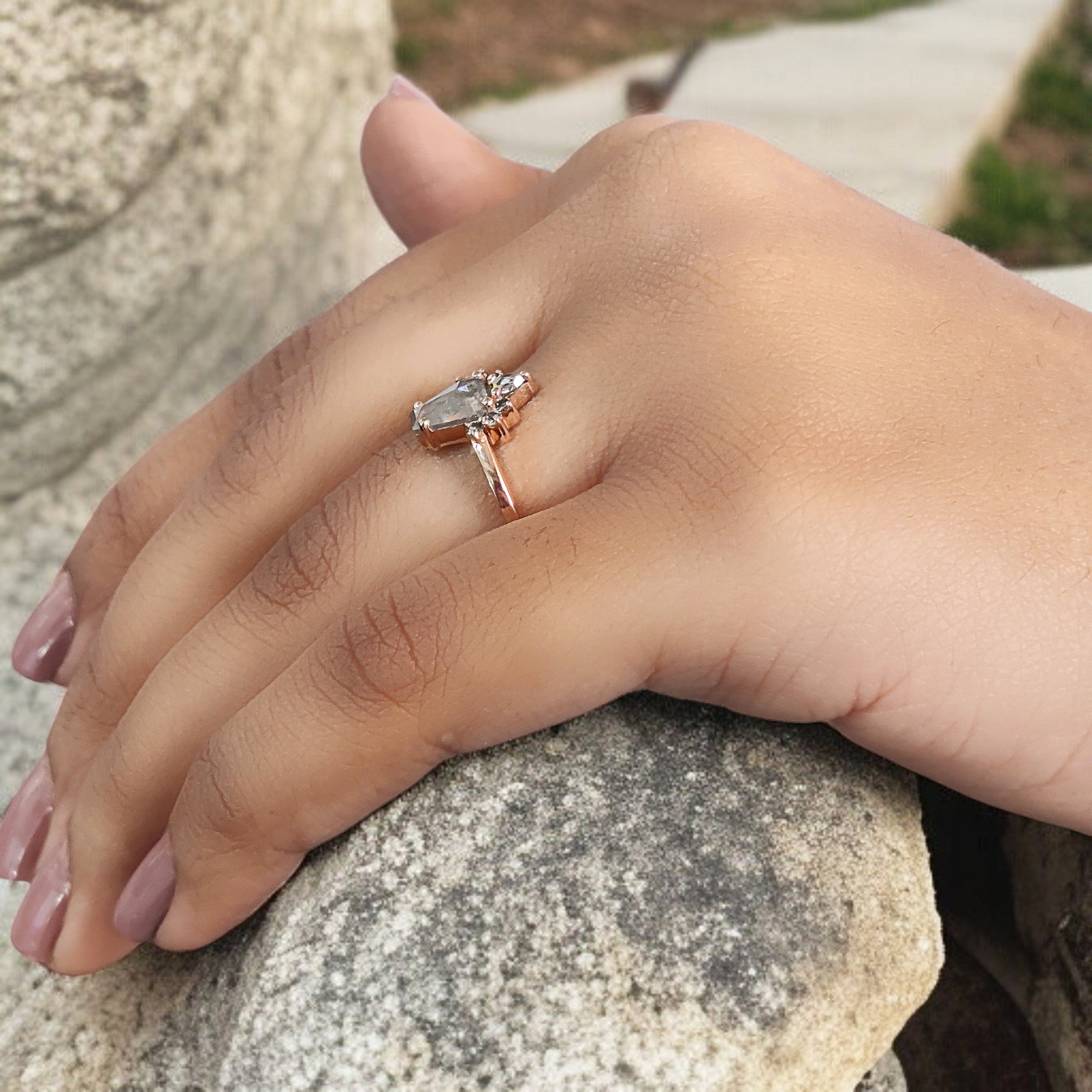 Coffin Cut Salt And Pepper Diamond Ring 0.75 Ct 7.00 MM Coffin Diamond Ring 14K Solid Rose Gold Silver Engagement Ring Gift For Her QN1248