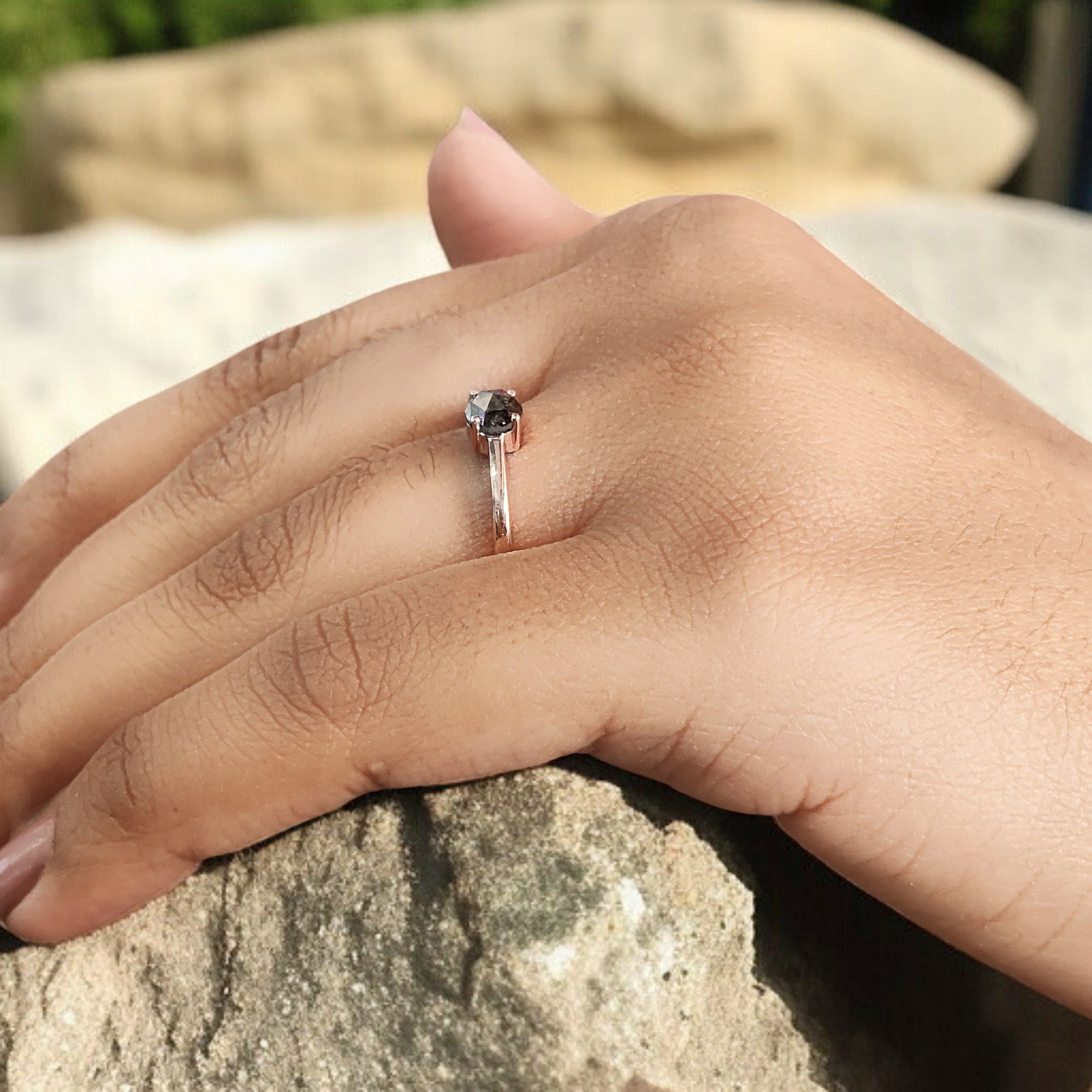 Round Rose Cut Salt And Pepper Diamond Ring 0.53 Ct 4.60 MM Round Shape Diamond Ring 14K Rose Gold Silver Engagement Ring Gift For Her QL7404