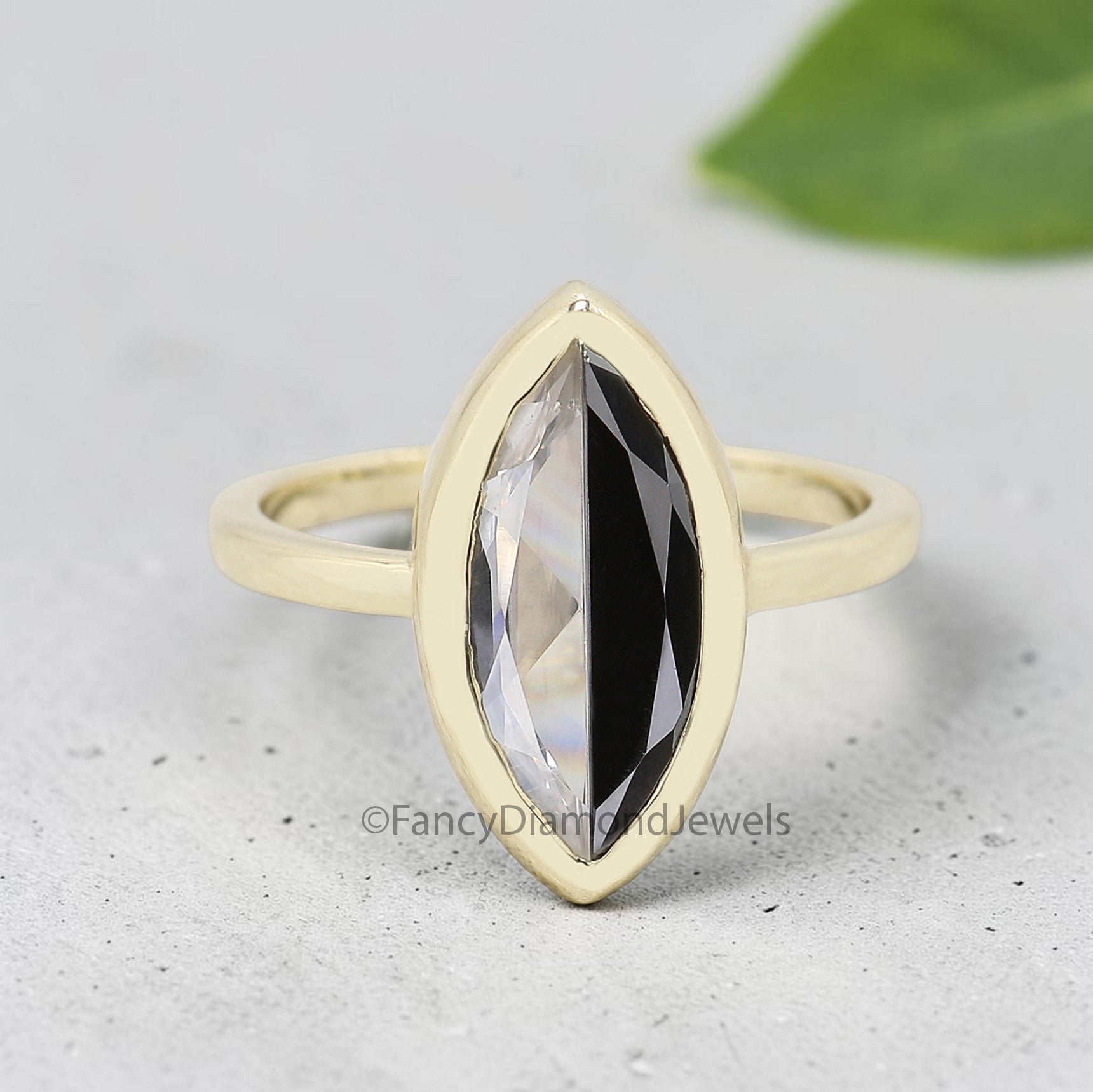 Marquise Cut Half Black White Moissanite Ring, Bezel Set Solitaire Engagement Ring, Yellow Gold Promise Ring, Minimalist Wedding Ring FD552