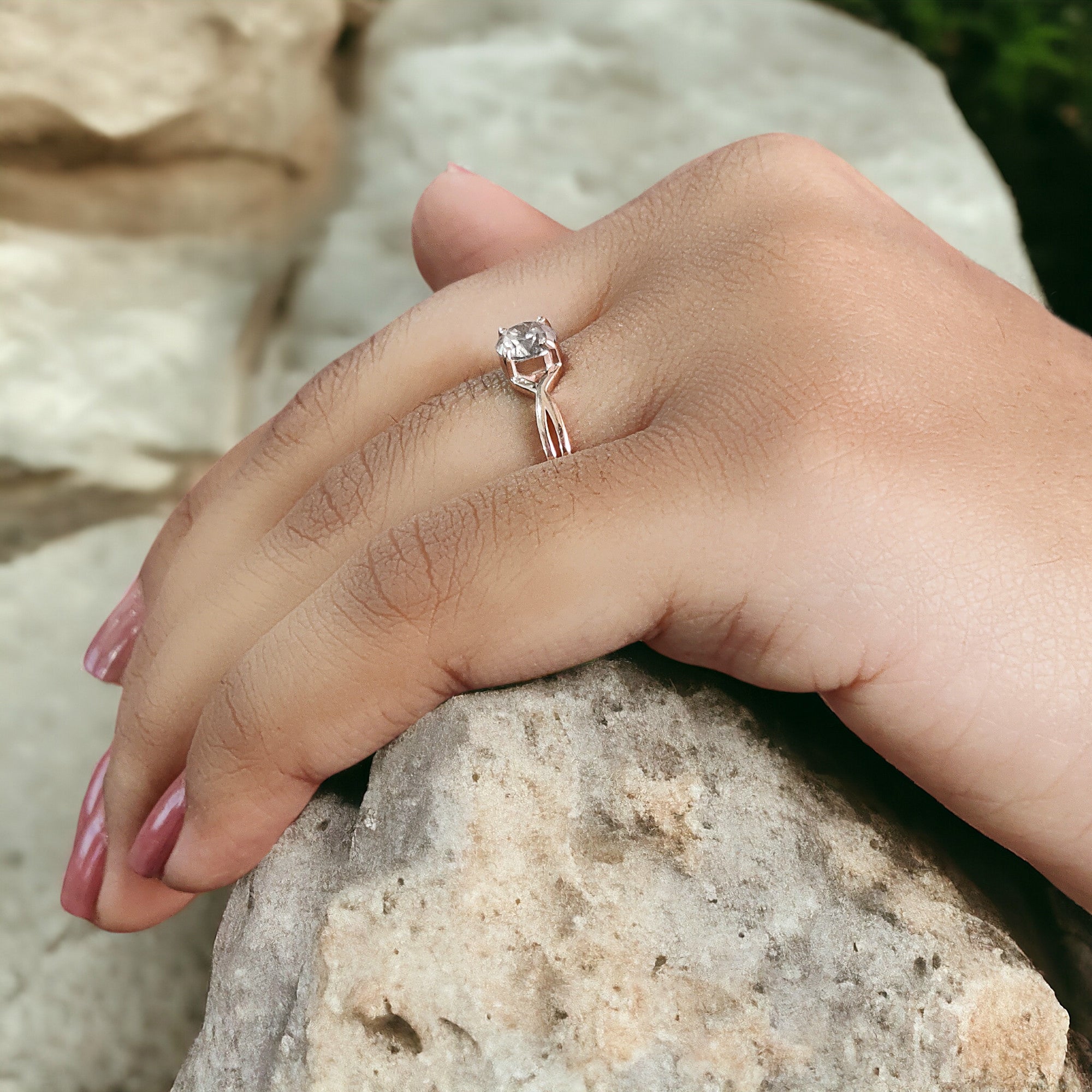 Round Cut Salt And Pepper Diamond Ring 0.66 Ct 5.30 MM Round Diamond Ring 14K Solid Rose Gold Silver Engagement Ring Gift For Her QN1078