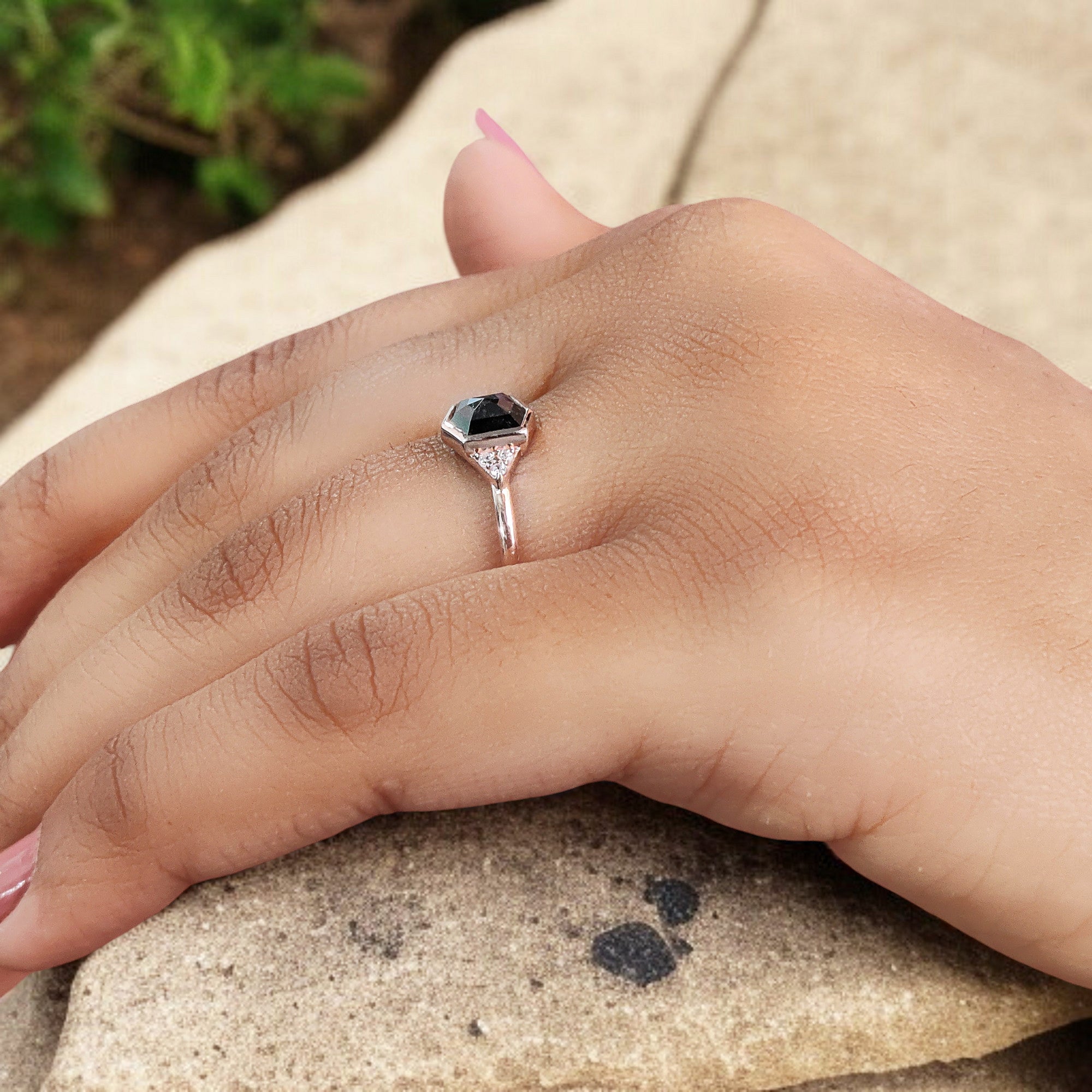 Hexagon Salt And Pepper Diamond Ring 0.89 Ct 6.37 MM Hexagon Cut Diamond Ring 14K Solid Rose Gold Silver Engagement Ring Gift For Her QL2163