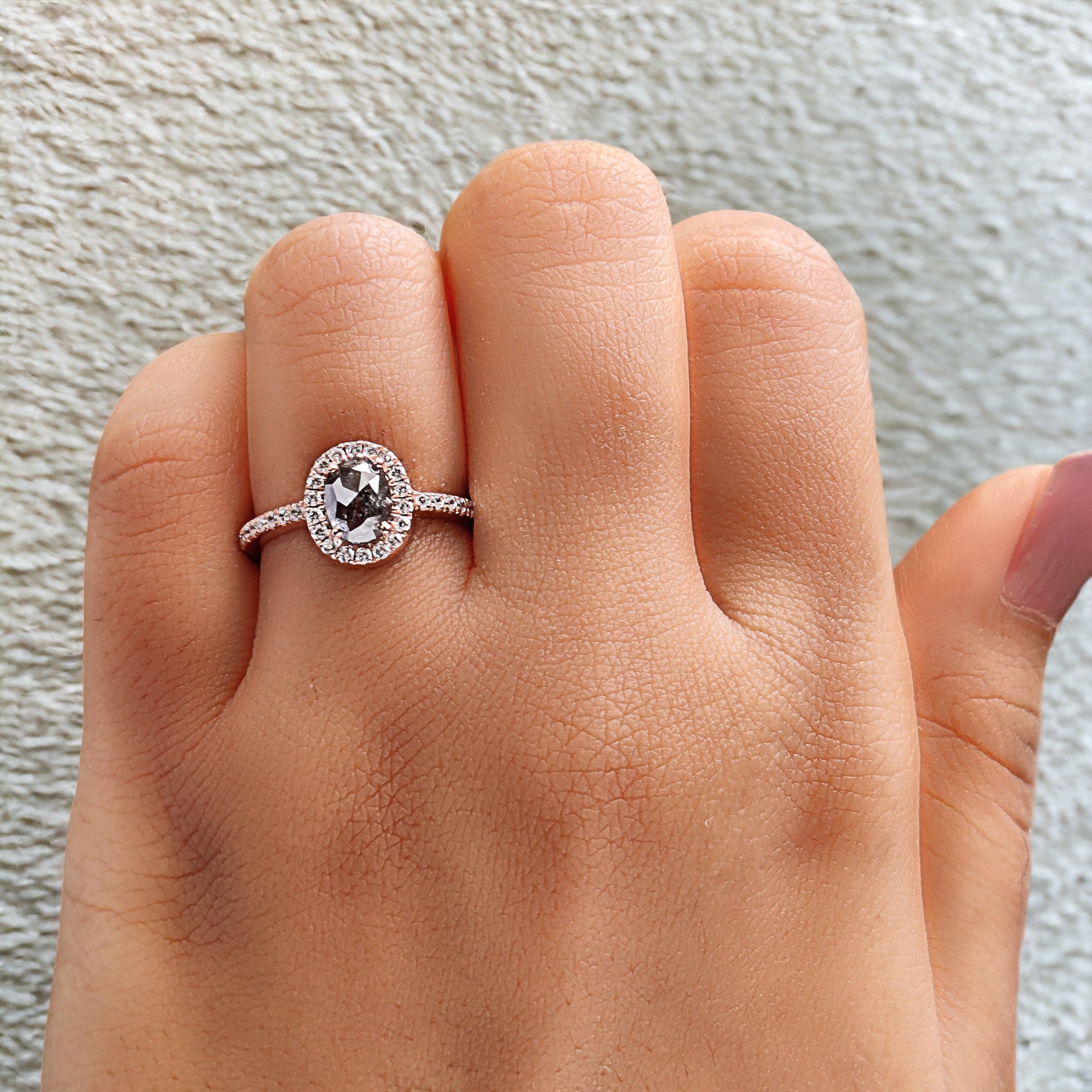 Oval Cut Salt And Pepper Diamond Ring 0.88 Ct 6.60 MM Oval Diamond Ring 14K Solid Rose Gold Silver Oval Engagement Ring Gift For Her QN941