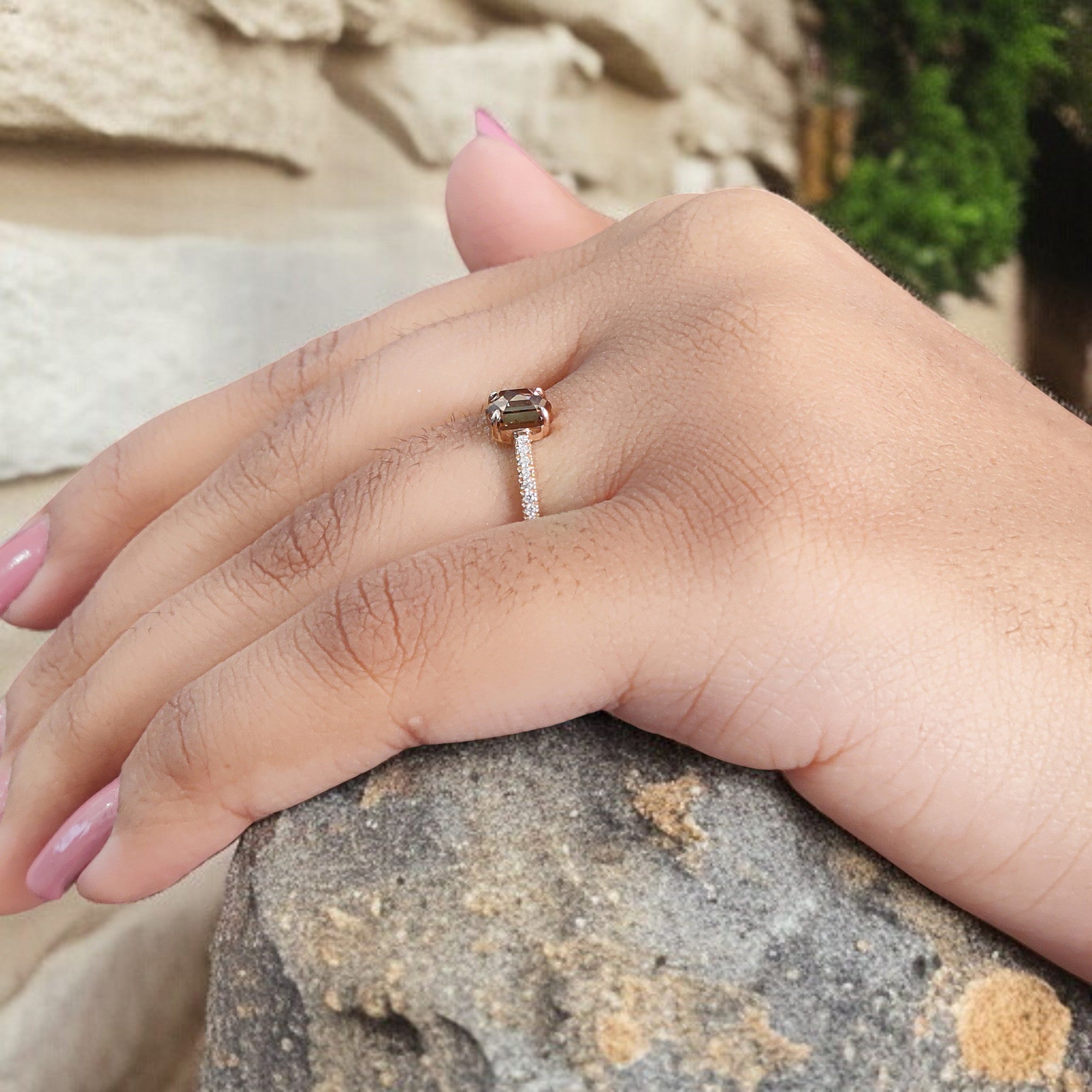 Hexagon Cut Brown Color Diamond Ring 0.67 Ct 5.70 MM Hexagon Shape Diamond Ring 14K Rose Gold Silver Engagement Ring Gift For Her QL658