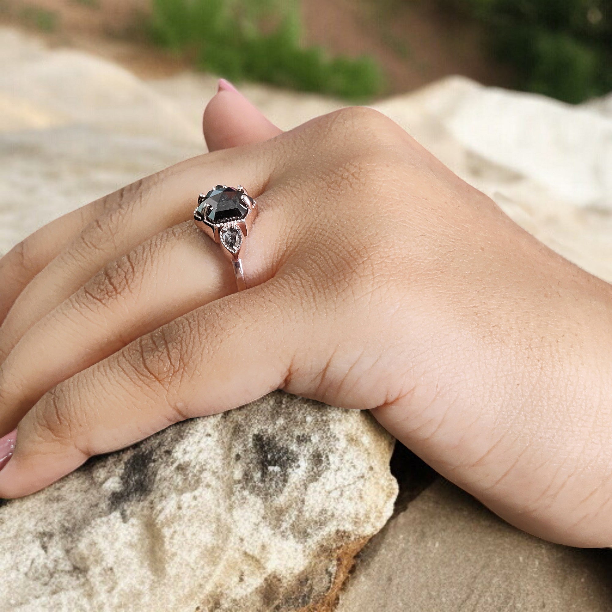 2.45 Ct Natural Hexagon Salt And Pepper Diamond Ring 9.25 MM Hexagon Shape Diamond Ring 14K Solid Rose Gold Silver Engagement Ring QL1092