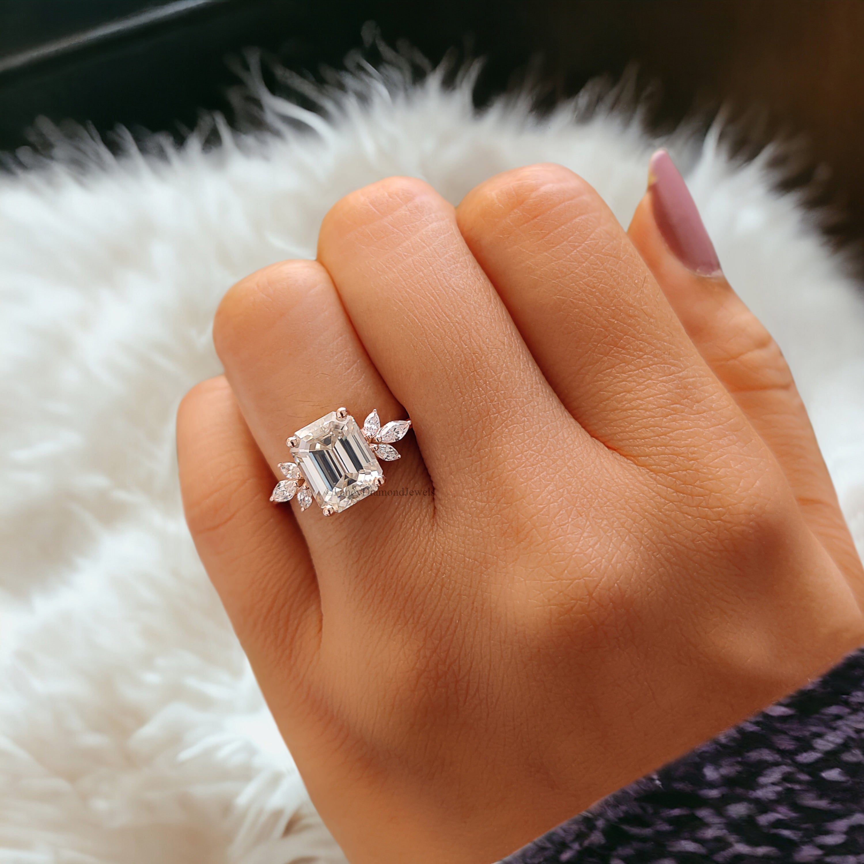 Emerald cut Moissanite engagement ring vintage Unique rose gold Marquise cut diamond Cluster engagement ring women wedding Bridal gift FD176