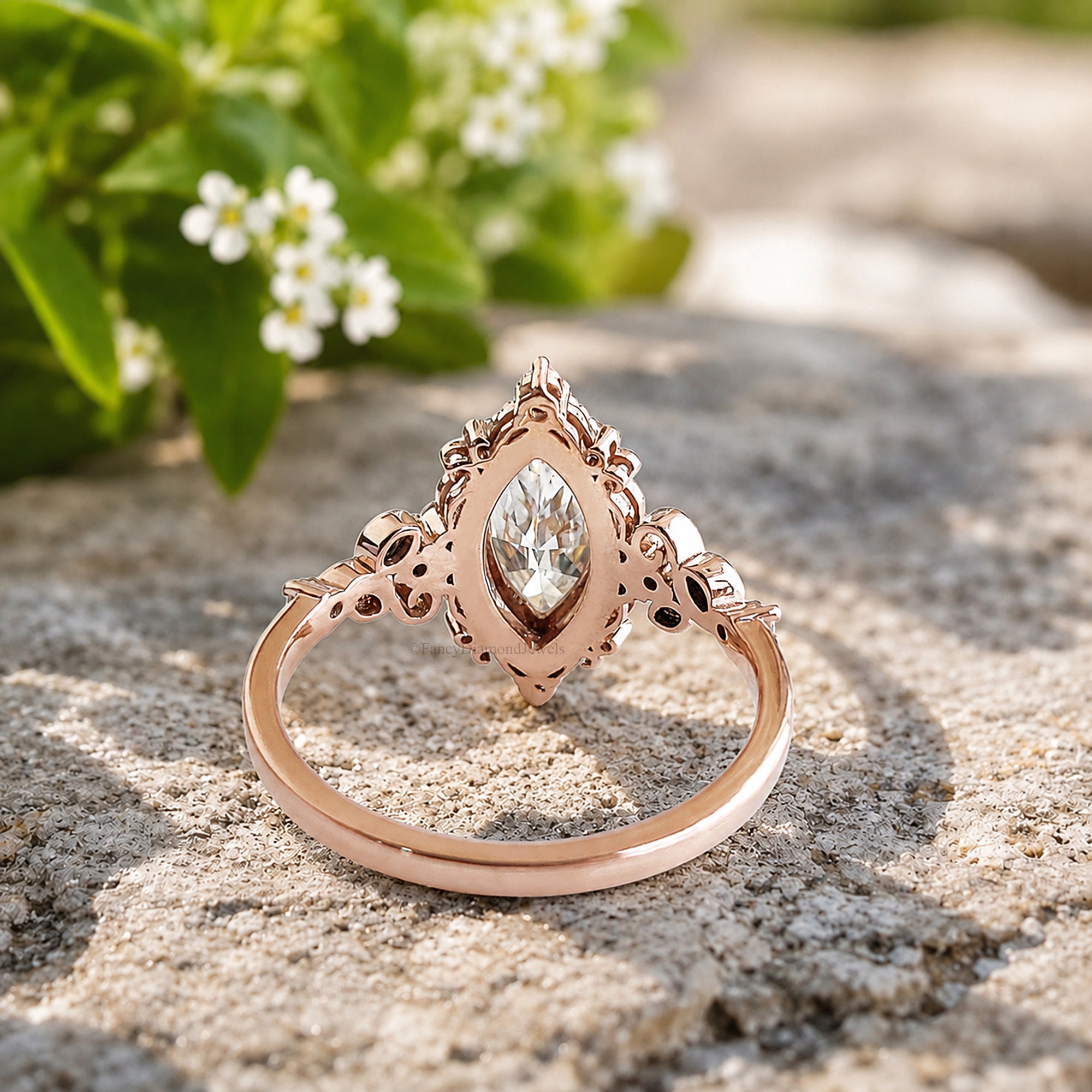 Floral Marquise Cut Moissanite Elegant Ring Nature Inspire Art Deco Engagement Ring in 14K Solid Yellow Gold Ring Unique Bridal Gift FD583