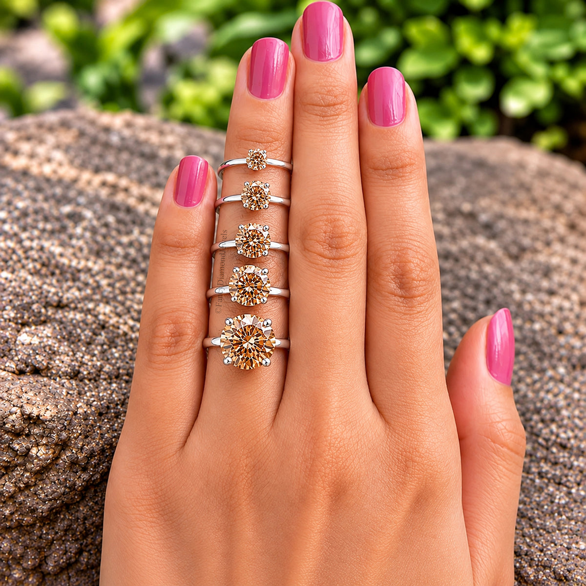Round Brown Champagne Diamond engagement ring 11mm 9mm 8mm 6mm 4mm stone ring Simulant Ring Solitaire ring Silver ring Gift for her FD519