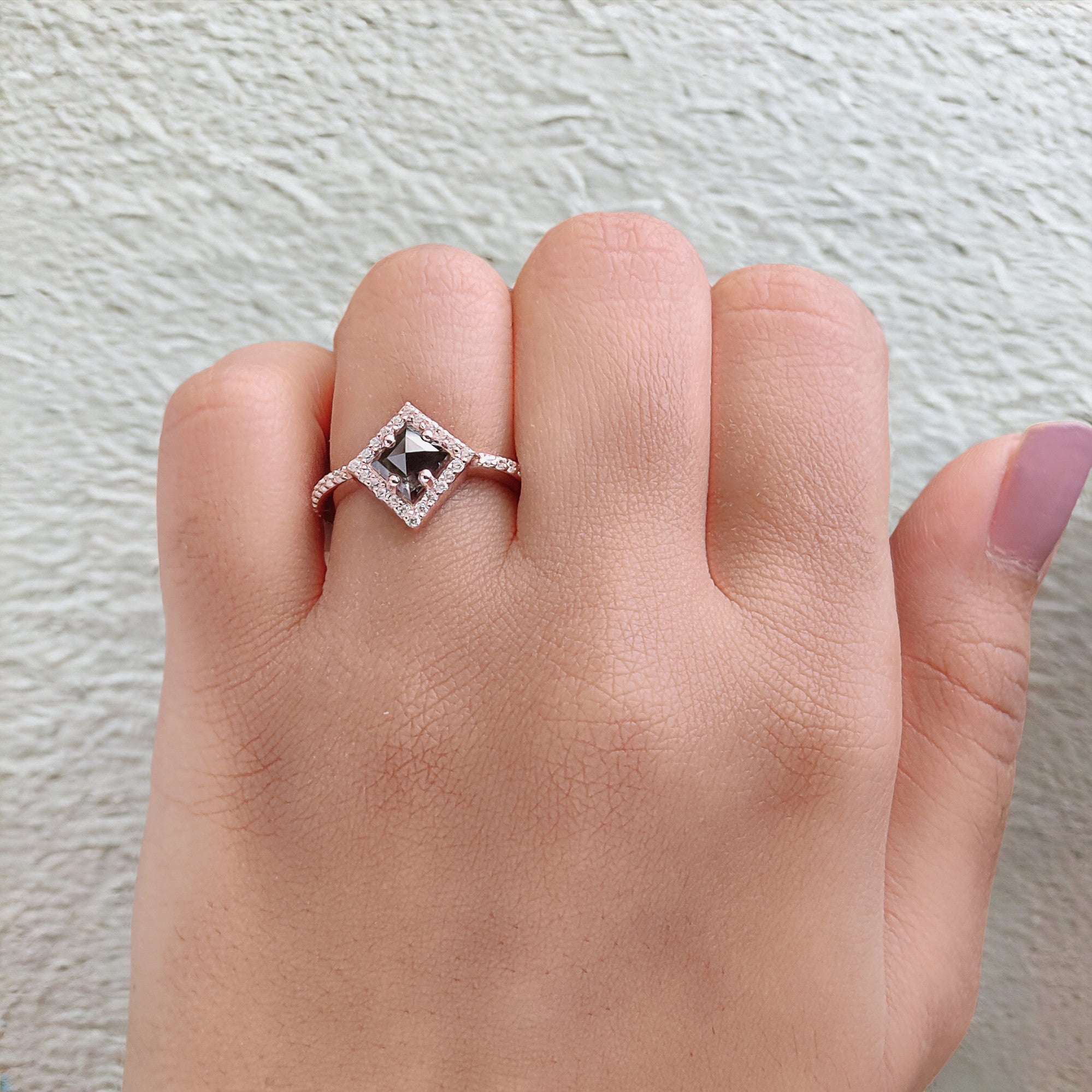 Kite Cut Salt And Pepper Diamond Ring 1.07 Ct 7.55 MM Kite Diamond Ring 14K Solid Rose Gold Silver Kite Engagement Ring Gift For Her QN9625