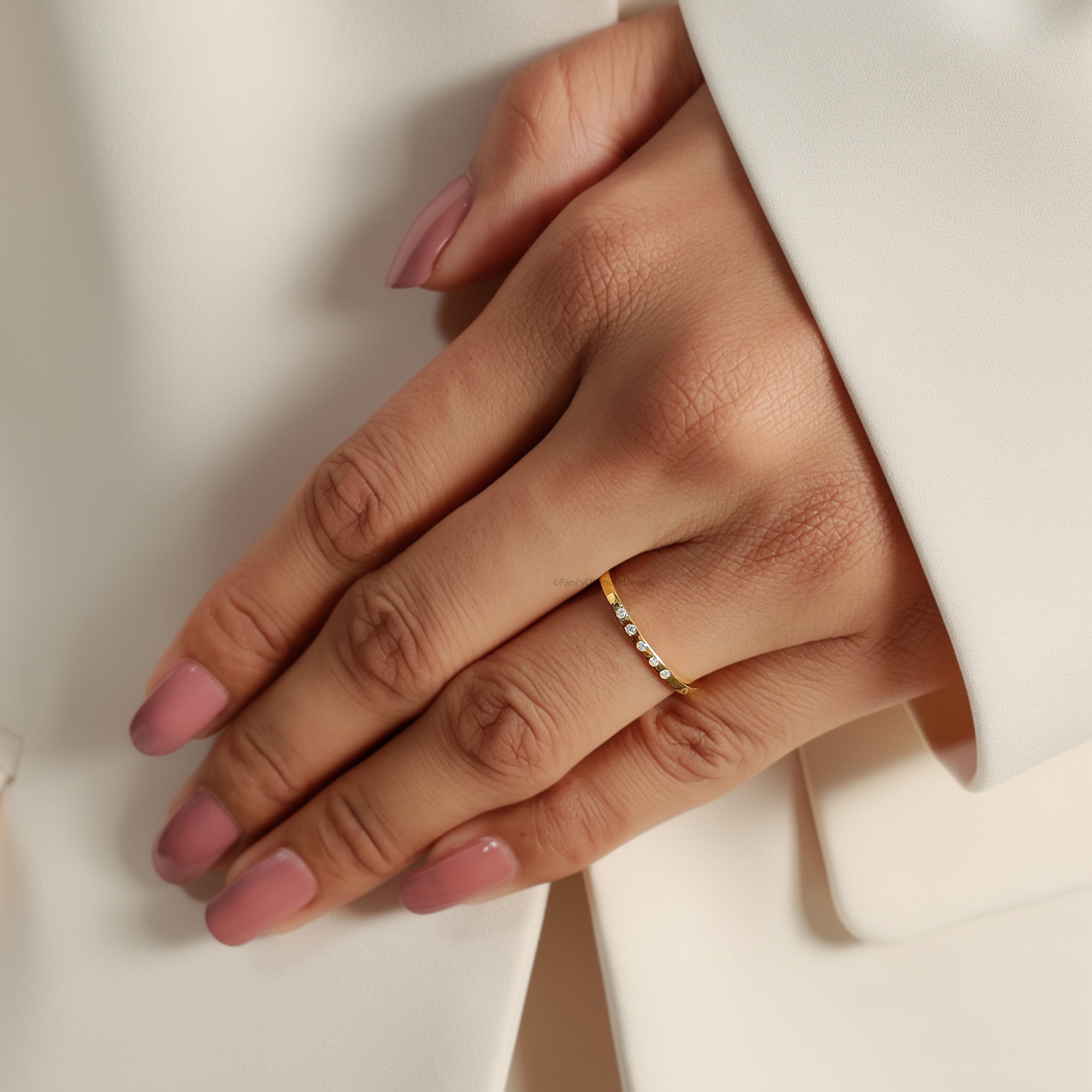 5 Stone Micro Pave Set Minimalist Diamond Ring Dainty Stacking Ring 14k Solid Gold Lab Diamond Wedding Band for Women Daily Wear Ring FD568