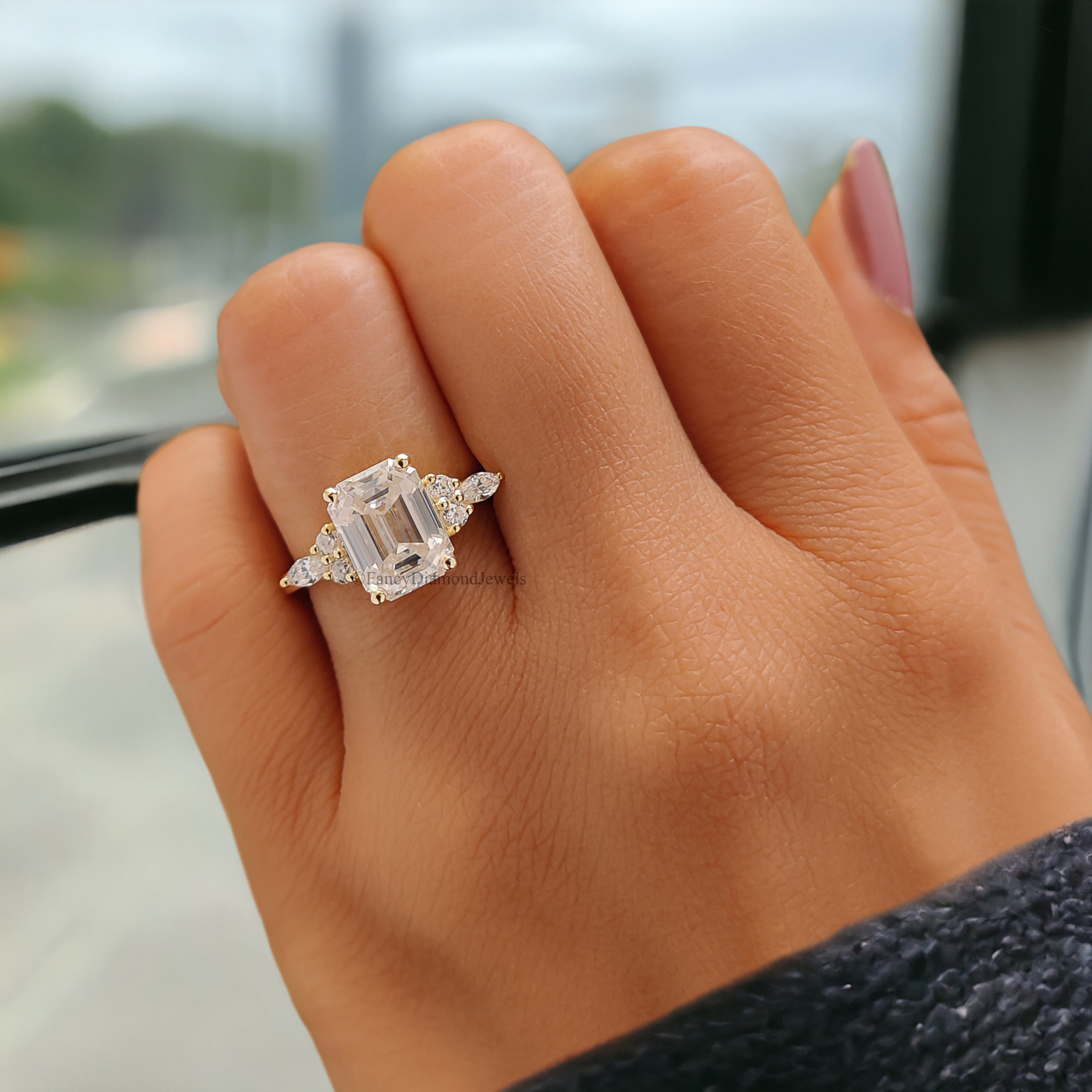 Vintage Emerald Cut Moissanite Engagement Ring Delicate Anniversary Ring Prong Simulated Diamond Ring Milgrain Antique Wedding Ring FD179