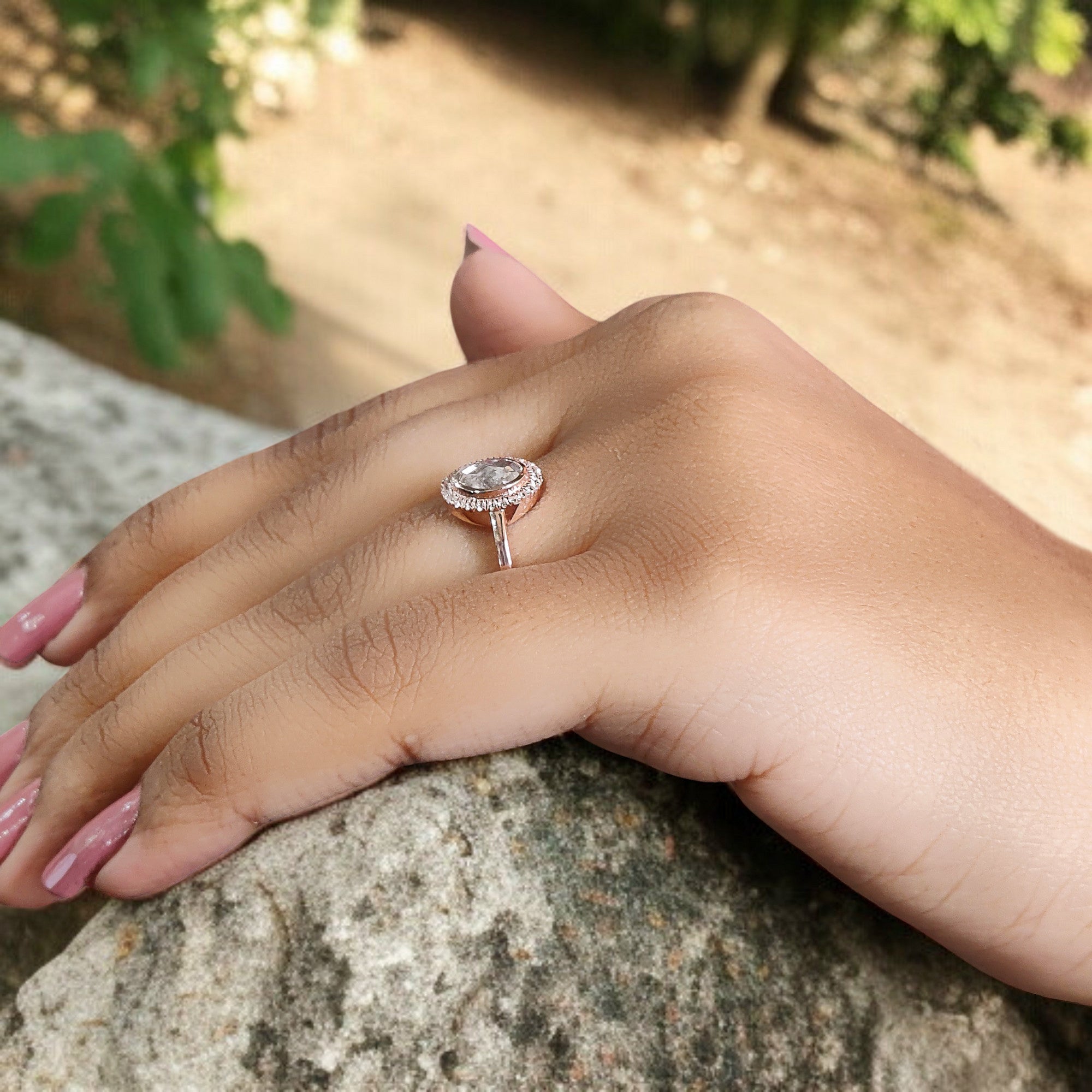 Oval Cut Salt And Pepper Diamond Ring 0.67 Ct 6.64 MM Oval Diamond Ring 14K Solid Rose Gold Silver Oval Engagement Ring Gift For Her QL2589