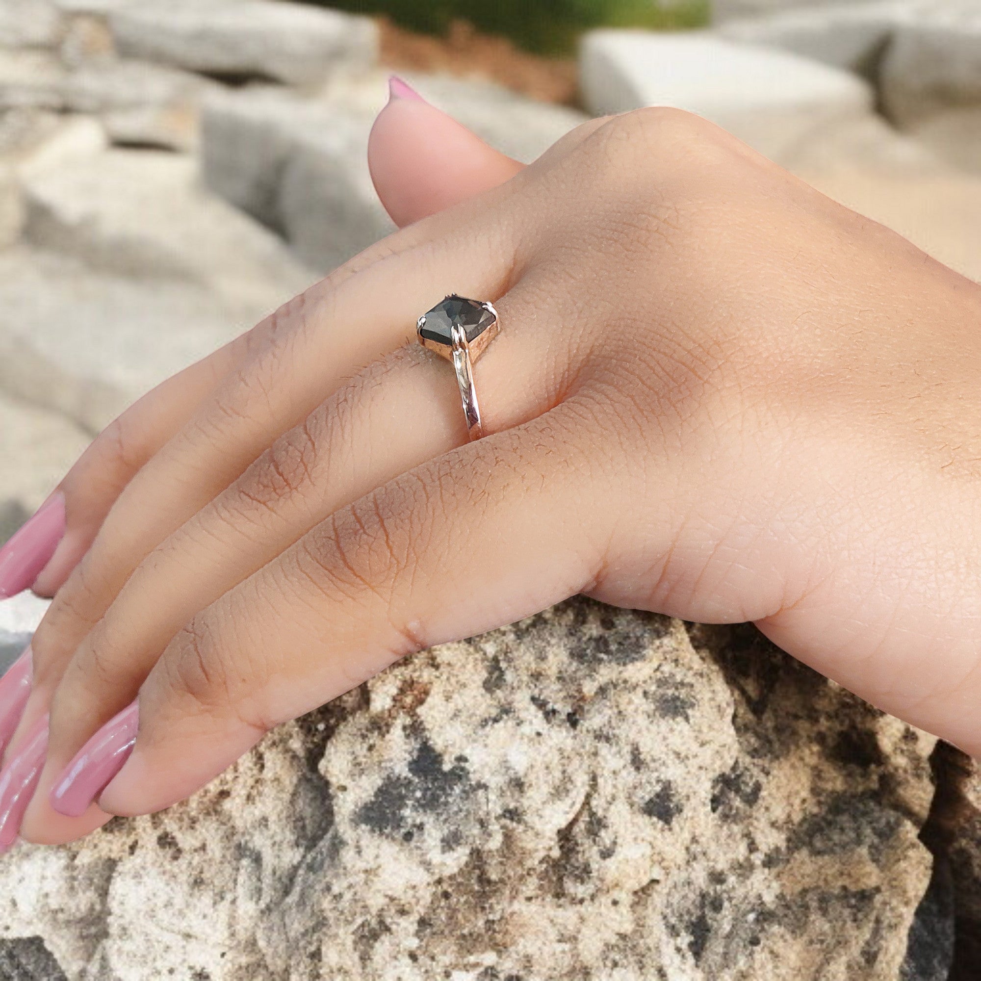 Radiant Cut Salt And Pepper Diamond Ring 1.38 Ct 6.20 MM Radiant Diamond Ring 14K Solid Rose Gold Silver Engagement Ring Gift For Her QL2987