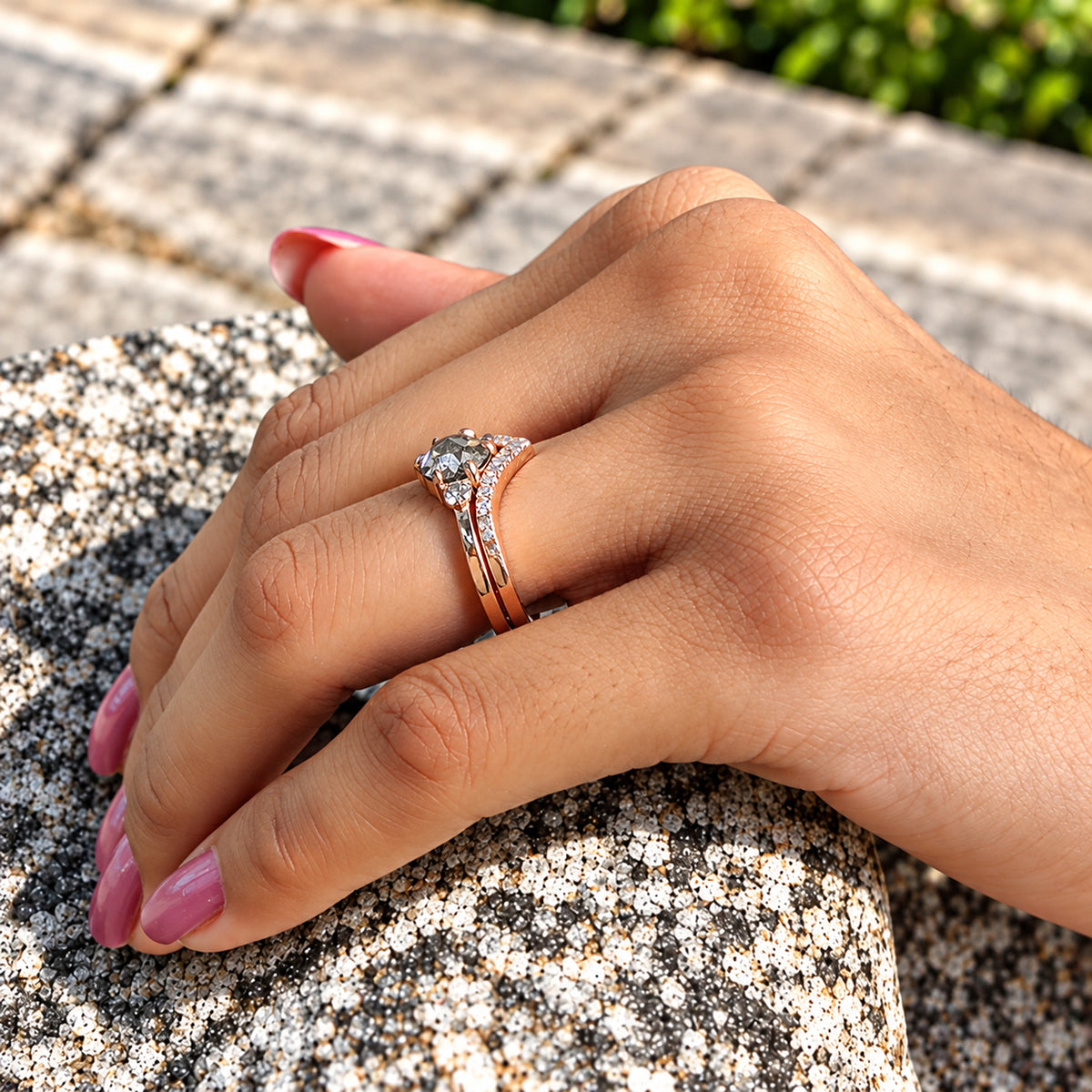 Round Rose Cut Salt and Pepper Diamond Ring, 14K Rose Gold Round Engagement Ring, Bridal Ring Set, Unique Diamond Ring Gift for Her KDL3613