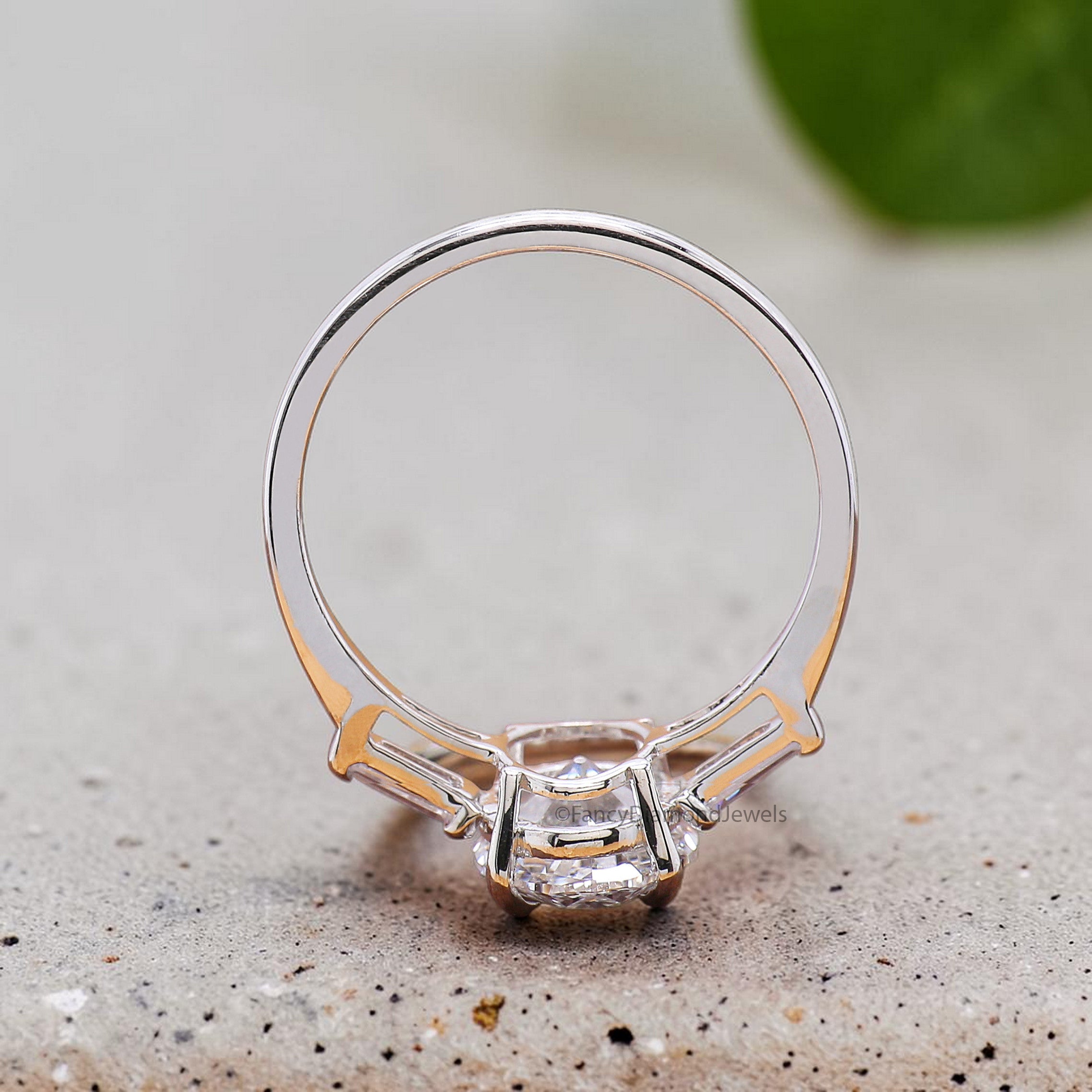 Old European Cut Oval Diamond Engagement Ring, Three Stone Oval Diamond Ring with Tapered Baguette Side Stones, Unique Bridal Ring FD554