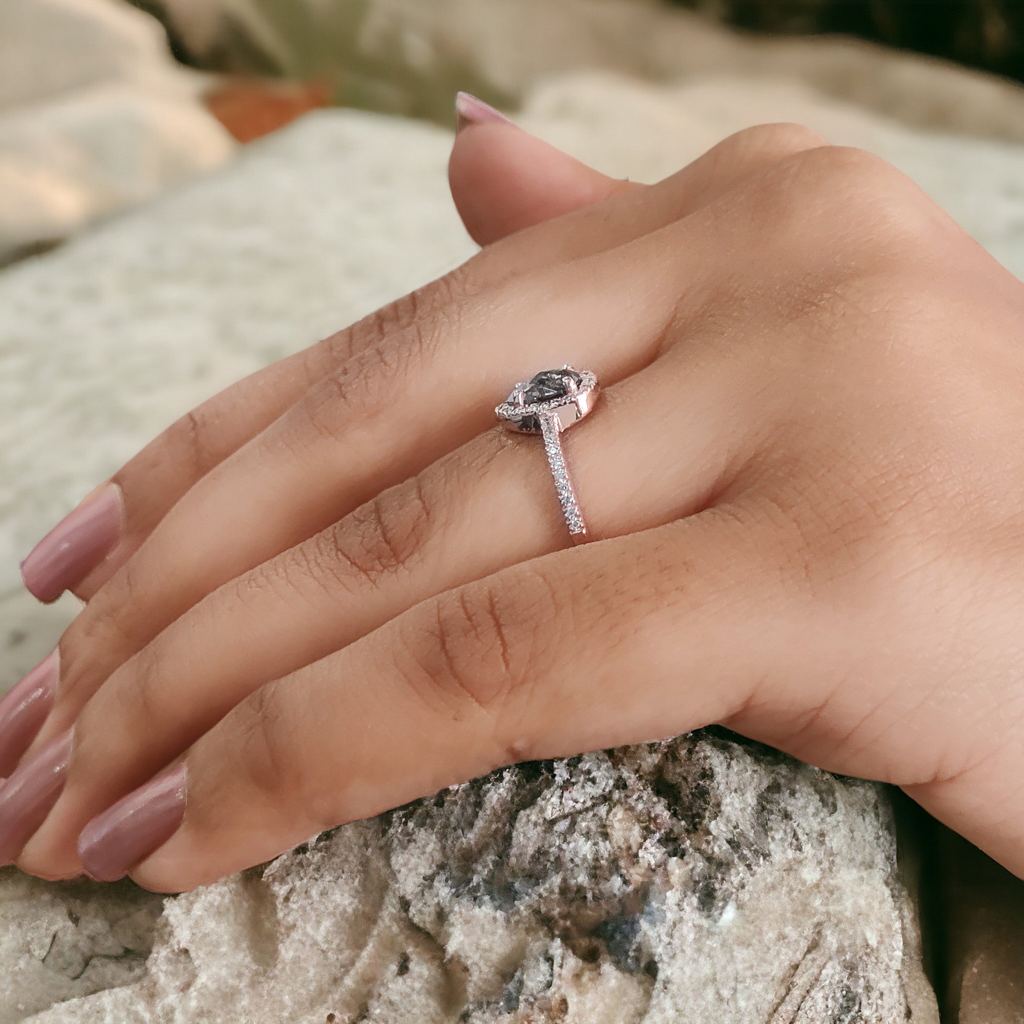 Pear Cut Salt And Pepper Diamond Ring 0.48 Ct 6.65 MM Pear Diamond Ring 14K Solid Rose Gold Silver Pear Engagement Ring Gift For Her QN976