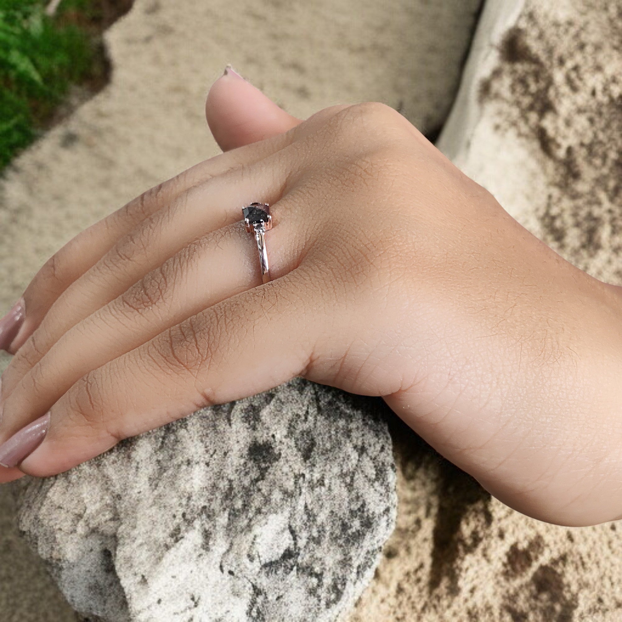 Emerald Cut Salt And Pepper Diamond Ring 0.47 Ct 4.50 MM Emerald Diamond Ring 14K Solid Rose Gold Silver Engagement Ring Gift For Her QL6853