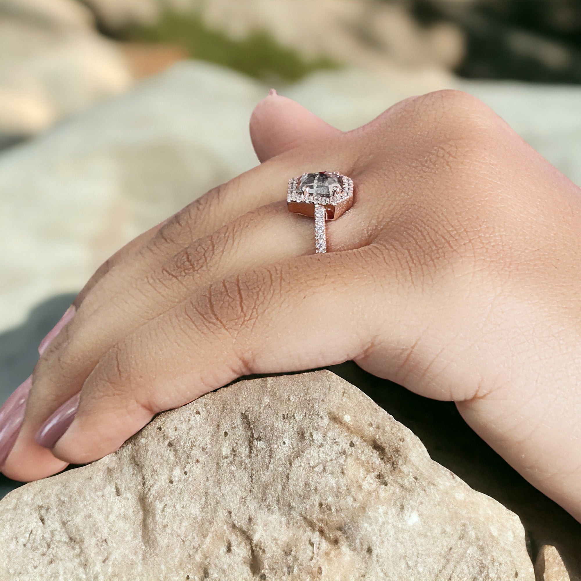 Coffin Cut Salt And Pepper Diamond Ring 1.11 Ct 6.80 MM Coffin Diamond Ring 14K Solid Rose Gold Silver Engagement Ring Gift For Her QK2178