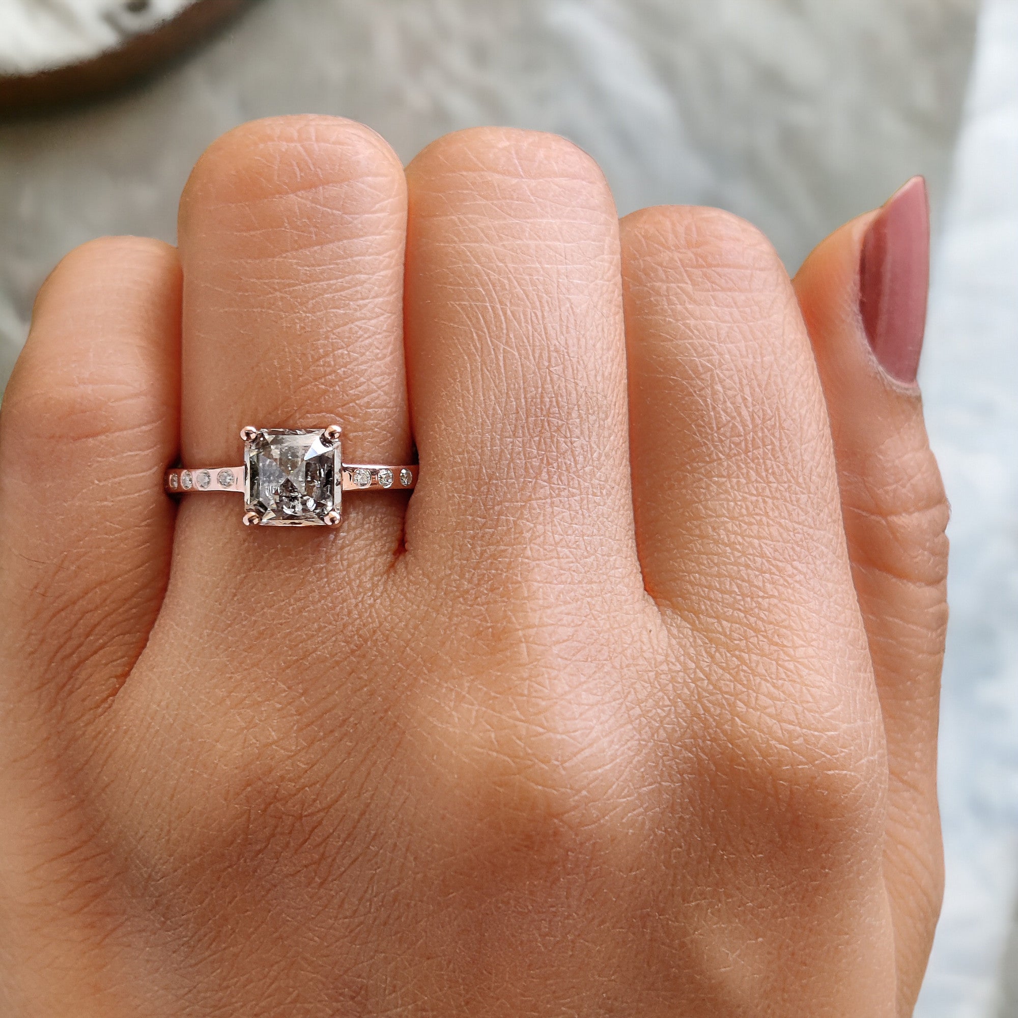 Radiant Cut Salt And Pepper Diamond Ring 2.08 Ct 6.33 MM Radiant Diamond Ring 14K Solid Rose Gold Silver Engagement Ring Gift For Her QL2656