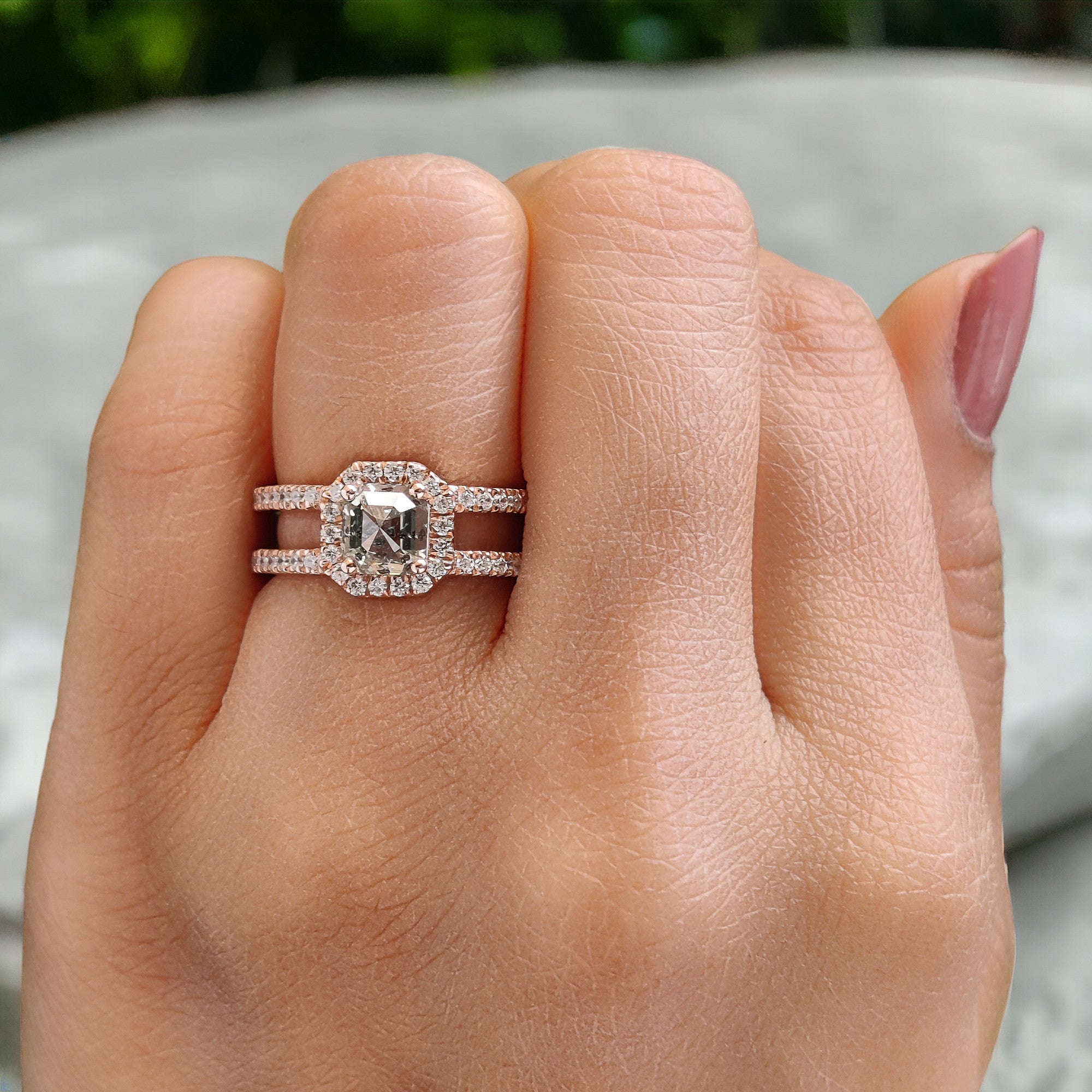 Emerald Salt And Pepper Diamond Ring 1.18 Ct 5.66 MM Emerald Diamond Ring 14K Solid Rose Gold Silver Engagement Ring Gift For Her QL2627