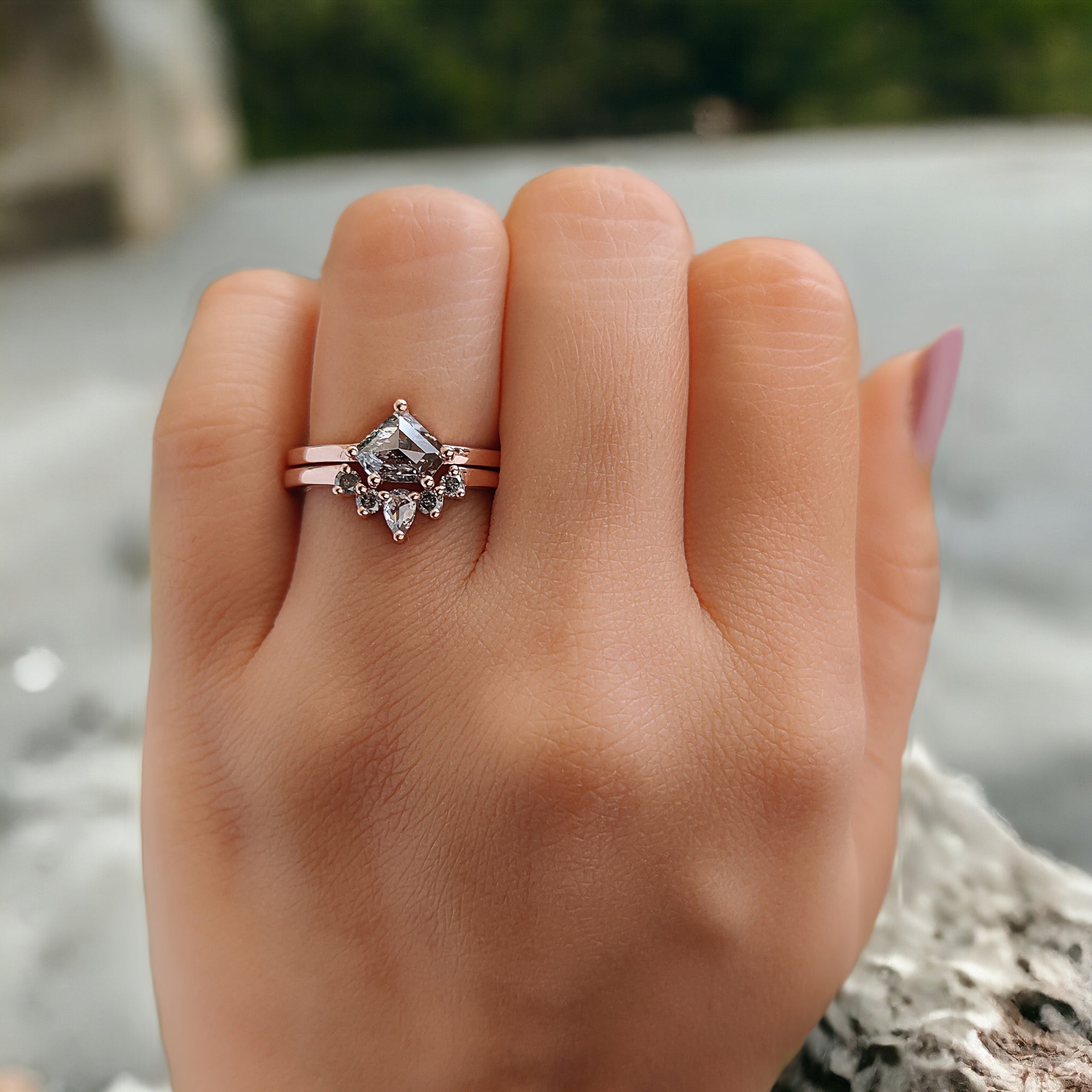 Shield Cut Salt And Pepper Diamond Ring 1.05 Ct 5.88 MM Shield Diamond Ring 14K Solid Rose Gold Silver Engagement Ring Gift For Her QL2673