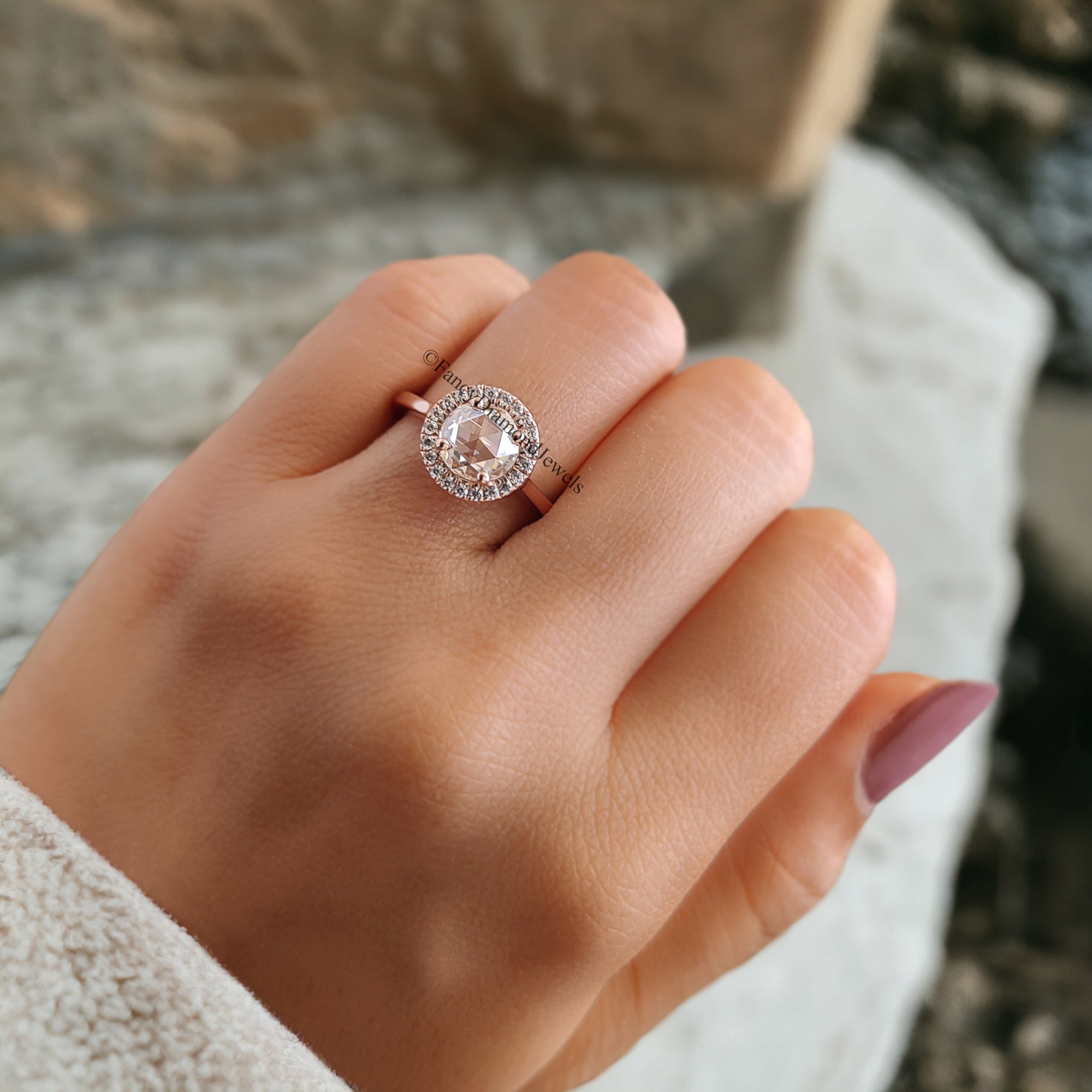 1.00 CT Round Rose Cut Colorless Moissanite Ring Halo With Micro Setting Engagement Ring Wedding Ring Anniversary Ring Bridal Ring FD97