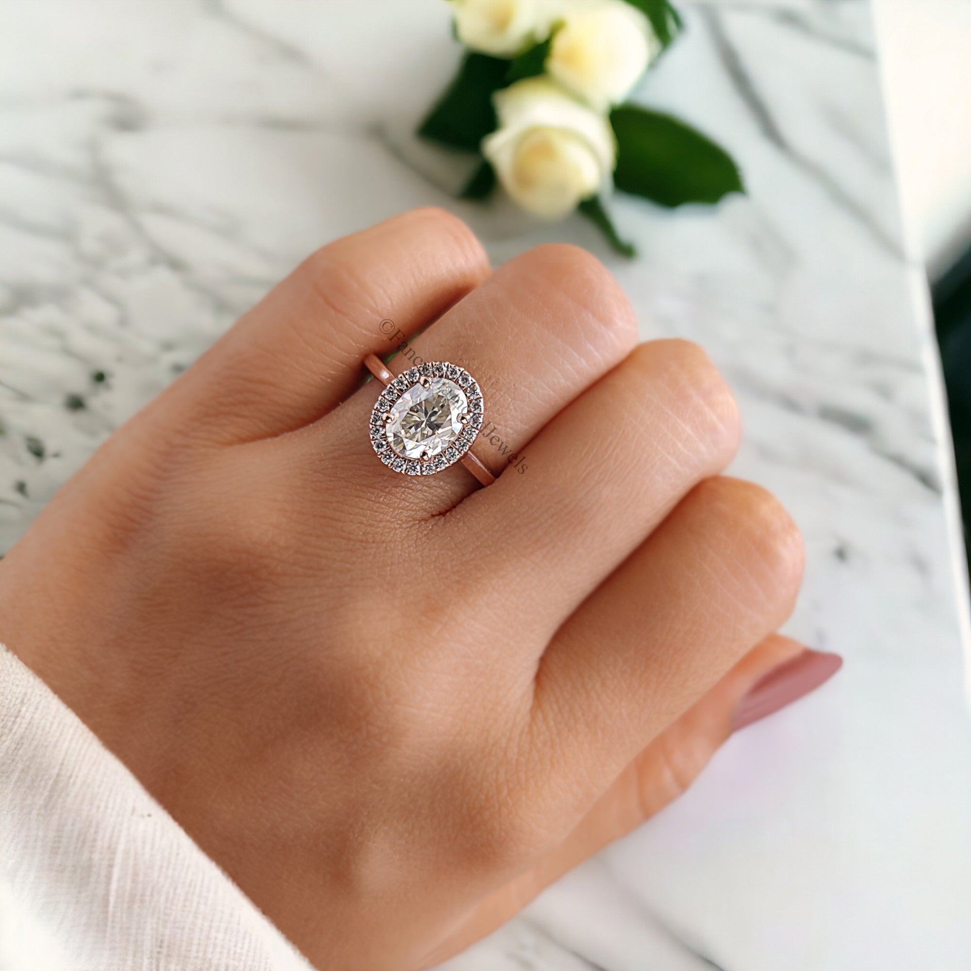 1.45 CT Oval Cut Moissanite Solitaire Ring 14K Rose Gold Engagement Ring Halo Setting Statement Ring Gift For Her Anniversary Ring FD154